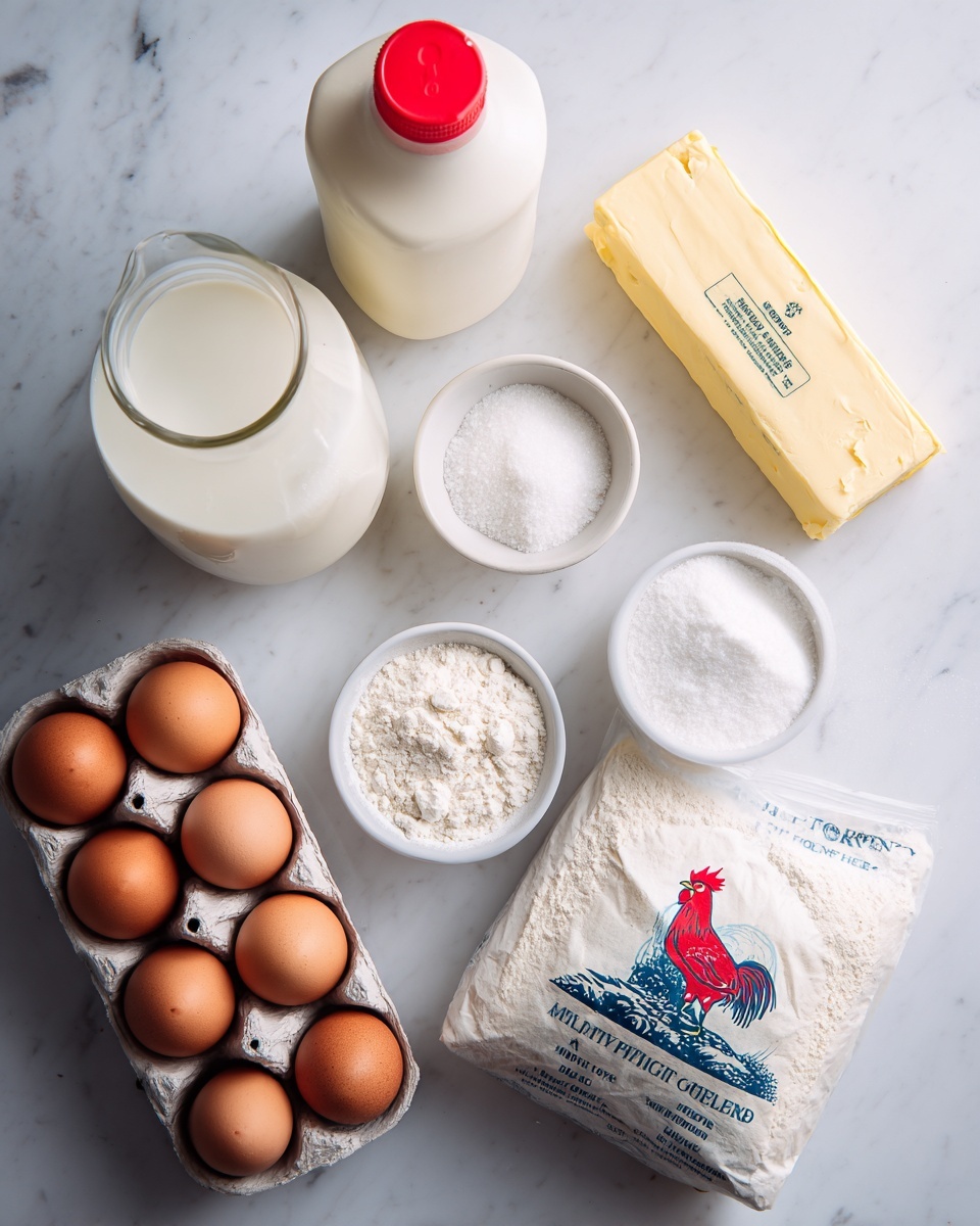 A top-down view of five cooking ingredients arranged on a white marbled surface: a half-gallon white plastic milk jug with a red cap on the left, a beige cylindrical container of Quaker Old Fashioned Grits in the middle, a yellow stick of salted butter at the top right, a small glass jar of Better Than Bouillon roasted chicken base with a black lid below the butter, and a blue and red package of Happy Farms Wisconsin Extra Sharp Cheddar cheese at the bottom right. All items are spaced apart evenly, showing clear product labels. Photo taken with an iphone --ar 4:5 --v 7