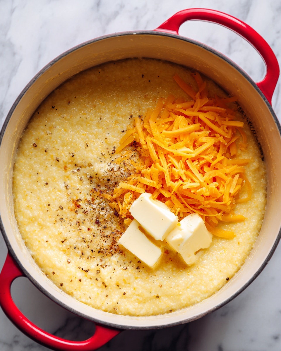 A red pot with a white inside is filled mostly with creamy yellow grits that have a slightly grainy texture and small black pepper specks throughout. On top of the grits, towards the right side, is a pile of shredded orange cheddar cheese, and on the left side, there are two small squares of butter melting into the grits. The pot is on a white marbled surface. photo taken with an iphone --ar 4:5 --v 7