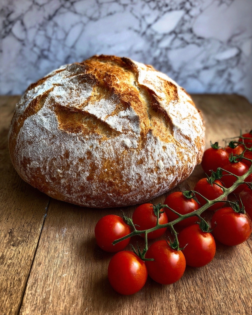 A round loaf of bread with a rough, cracked, golden-brown crust sits on a wooden surface. The bread has an uneven texture with deep creases showing its crumb inside. Around the loaf, a bunch of bright red cherry tomatoes on green vines lay close to the bread, adding vibrant color contrast. The background is a white marbled texture. photo taken with an iphone --ar 4:5 --v 7