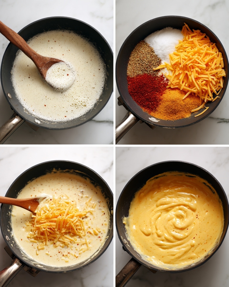 The image shows four close-up steps of making a cheesy sauce in a black pan on a white marbled surface. The first part shows a spoon stirring a frothy, light cream liquid. In the second part, a spoon lies on a creamy base with layers of red paprika, yellow mustard powder, black pepper, and white salt arranged closely together. The third part captures shredded orange cheddar cheese added on top of the thickening sauce, with a spoon partially visible in the mixture. The last part displays the smooth, bubbling orange-yellow cheese sauce being stirred by a spoon, with a rich and creamy texture. Photo taken with an iphone --ar 4:5 --v 7