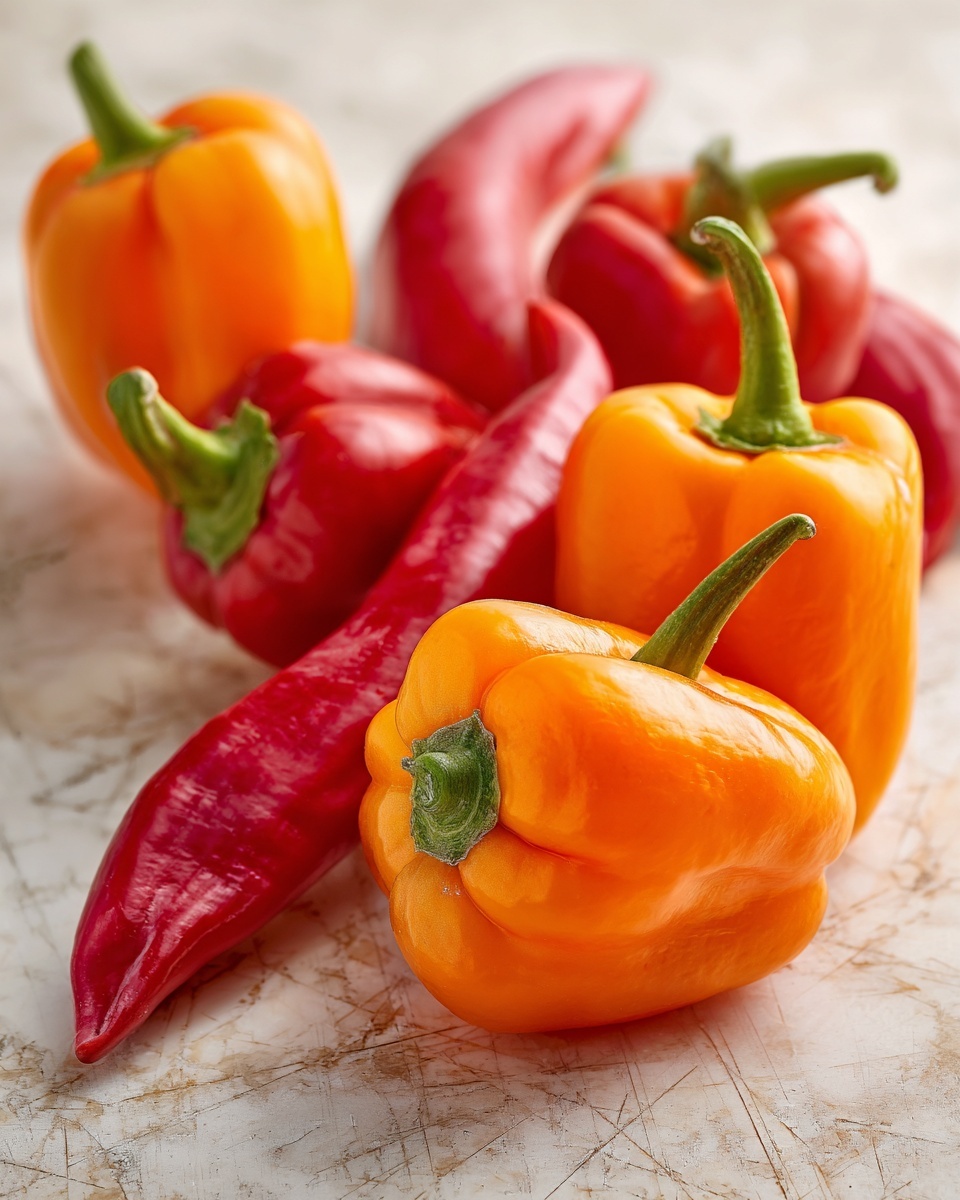 The image shows a close-up of several bright orange and red peppers arranged on a wooden surface. There are four orange peppers with a smooth and shiny texture, each with a green stem, and three long red peppers with a slightly wrinkled shiny skin. The peppers are scattered casually, filling the image with vibrant warm colors and natural light reflections. The background is a white marbled texture. Photo taken with an iphone --ar 4:5 --v 7