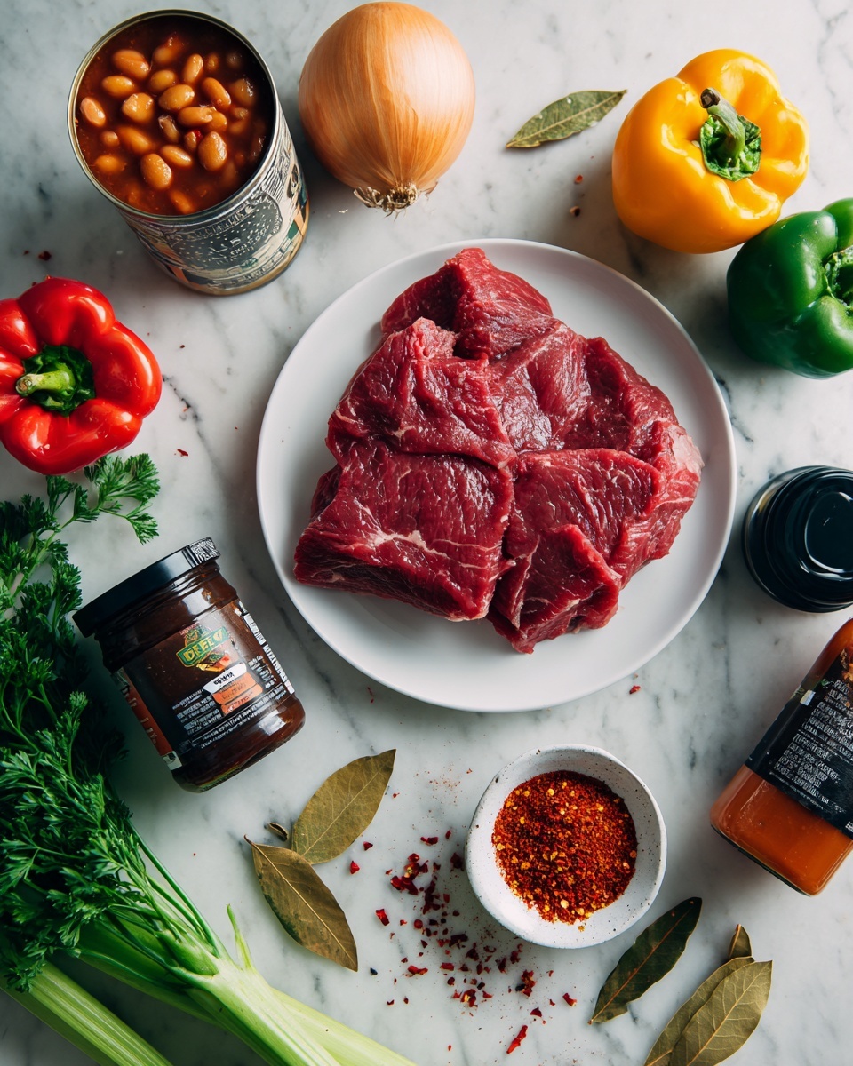 The image shows raw beef lying flat on a white plate at the top center, with a deep red color and a marbled texture. Below the plate are various ingredients spread over a white marbled surface: an open can of tomato sauce with visible beans on the left, a jar of dark bouillon paste with a black lid centrally placed, a whole yellow onion to the right of the jar, a bottle of hot sauce to the far right, and a black container partly seen next to it. In front are fresh vegetables including a bunch of green parsley on the left, a whole green bell pepper on the bottom left, a whole red bell pepper slightly right of center, and a celery stalk on the right edge. Near the center bottom is a small white bowl filled with bright red spice powder. Scattered red chili flakes and three large bay leaves add detail to the scene. photo taken with an iphone --ar 4:5 --v 7