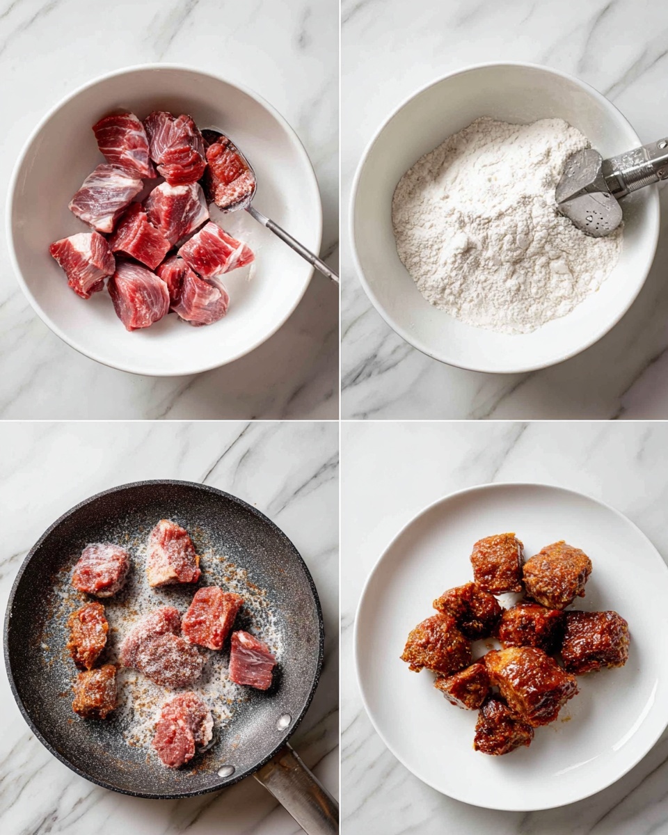 The image shows a four-step cooking process arranged in a grid on a white marbled surface. The top left shows chunks of raw red meat with some fat, placed in a white bowl alongside a silver meat tenderizer. The top right shows one chunk of meat being coated in a thick layer of white flour inside a white bowl. The bottom left shows the floured meat pieces frying in a black cast-iron pan with a crispy brown texture forming on the surface of the meat. The bottom right shows the cooked meat pieces served on a white plate, with a dark golden-brown crust and slightly uneven shapes, arranged closely but not stacked. Photo taken with an iphone --ar 4:5 --v 7