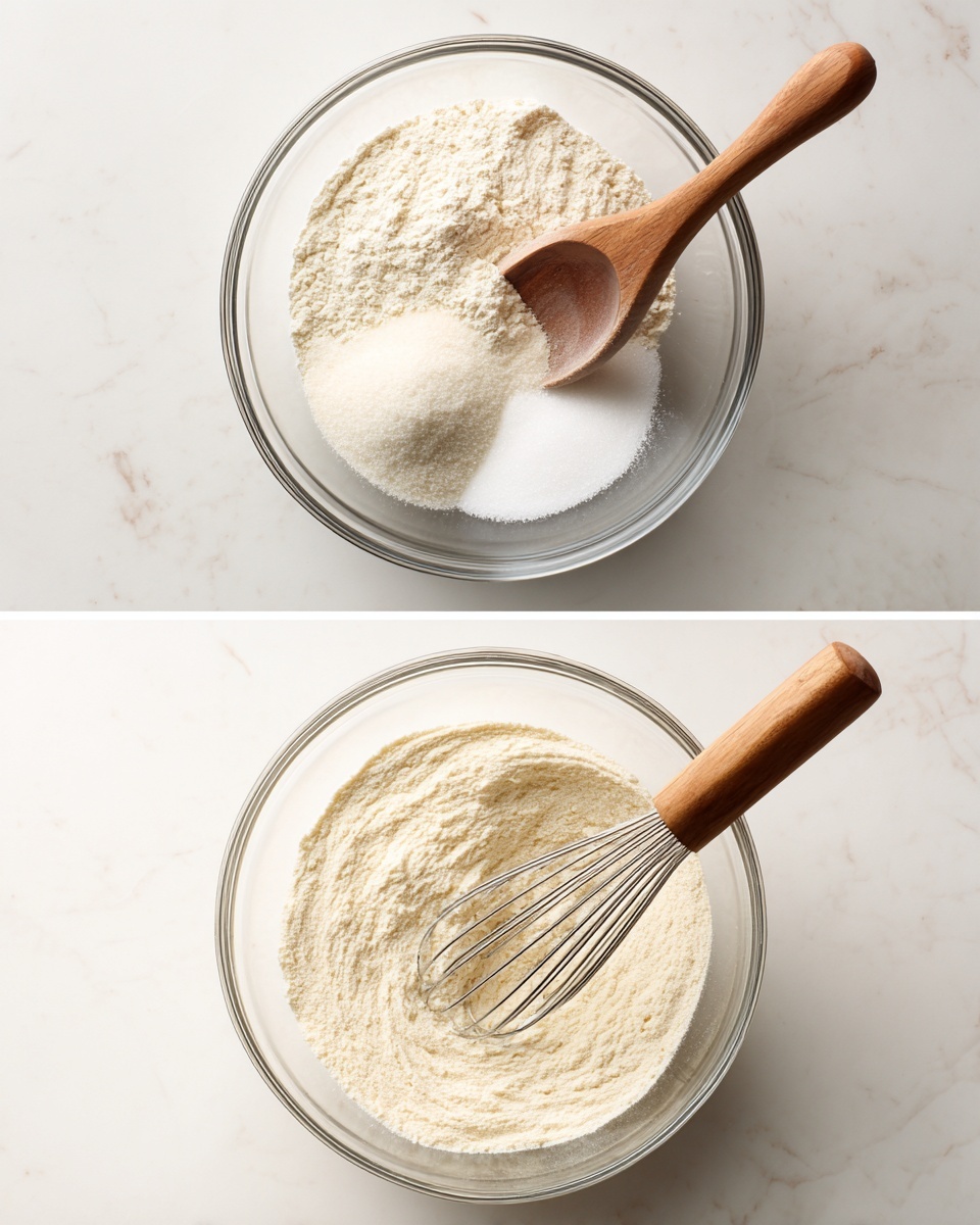 Two images show a clear glass bowl on a white marbled surface. In the first image, inside the bowl, there are three separate light-colored powder layers: flour as the base, baking powder in a small mound on the left, and granulated sugar on the right. In the second image, the powders are mixed into one light beige, fine textured layer filling the bowl, with a wooden-handled whisk resting inside the bowl, slightly angled to the right. photo taken with an iphone --ar 4:5 --v 7