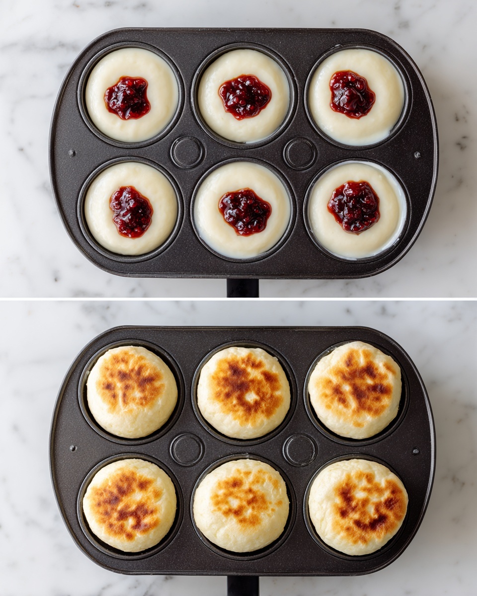 Three side-by-side images show the cooking process of small round cakes in a dark pan with six round slots on a white marbled surface. The first image shows six small white batter circles each topped with a small dollop of dark red jam in the center. The second image shows the batter bubbles forming on the smooth white surface as the jam is mostly covered. The third image shows six finished golden-brown puffy cakes with lightly browned spots on top, sitting in the round slots of the pan. photo taken with an iphone --ar 4:5 --v 7