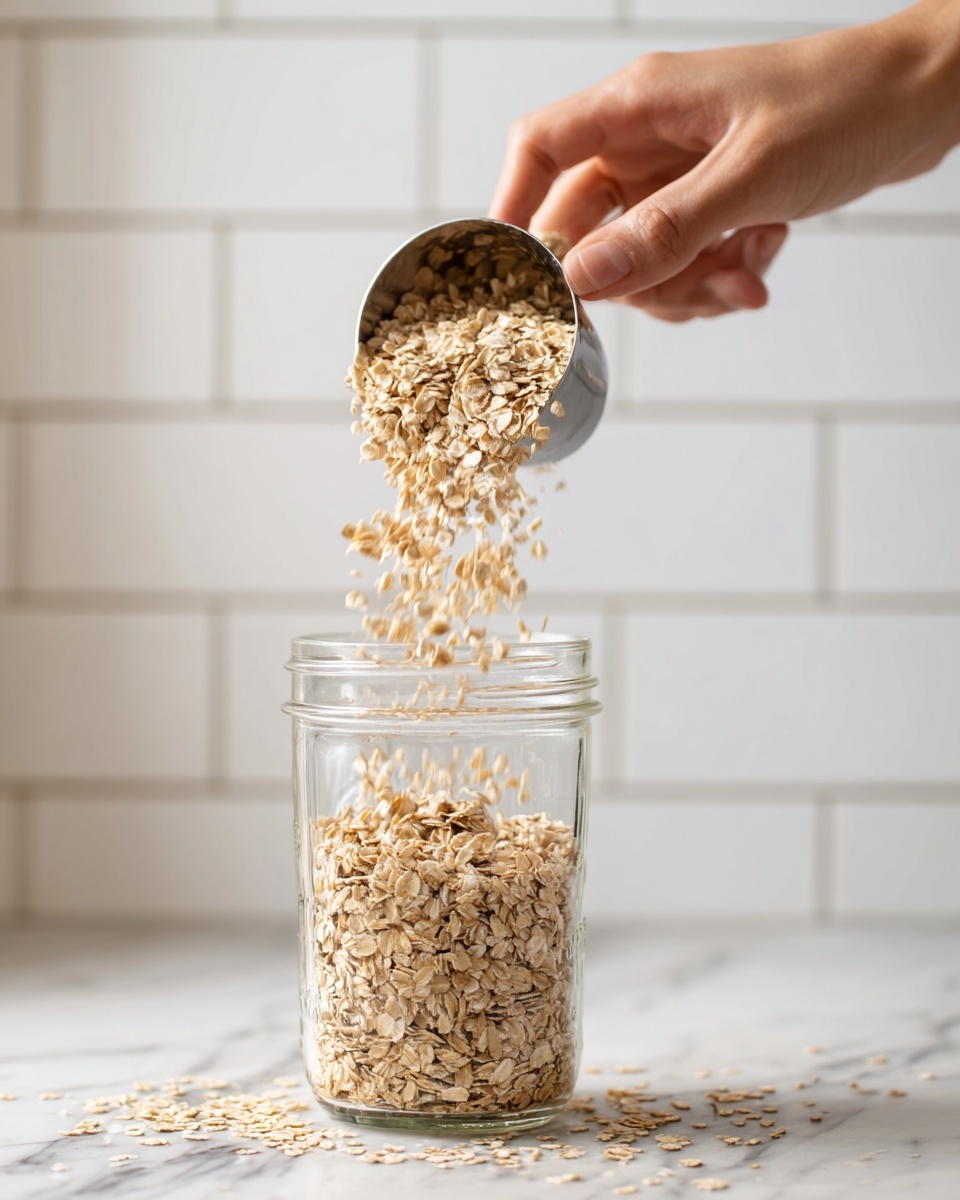 A woman's hand is holding a shiny metal measuring cup filled with light brown rolled oats, pouring them into a clear glass jar. The oats are in mid-air, showing movement as they fall into the jar, where some oats have already settled at the bottom. The background features white subway tiles, and the surface below has a white marbled texture. photo taken with an iphone --ar 4:5 --v 7
