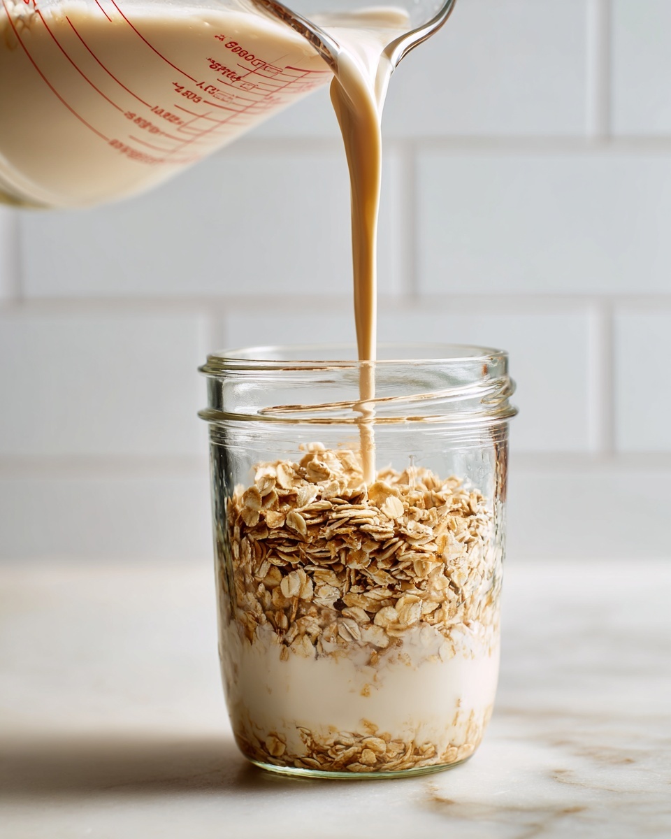 A clear glass jar sits on a white marbled surface filled halfway with oats soaked in a creamy white liquid. A transparent measuring cup with red markings pours more of the same creamy liquid into the jar, adding a smooth, flowing layer on top of the oats. The background is simple with white tiled walls, emphasizing the jar and the pouring action. The scene is well-lit, showing the texture of the oats mixed with the liquid inside the jar and the smooth liquid stream being poured photo taken with an iphone --ar 4:5 --v 7