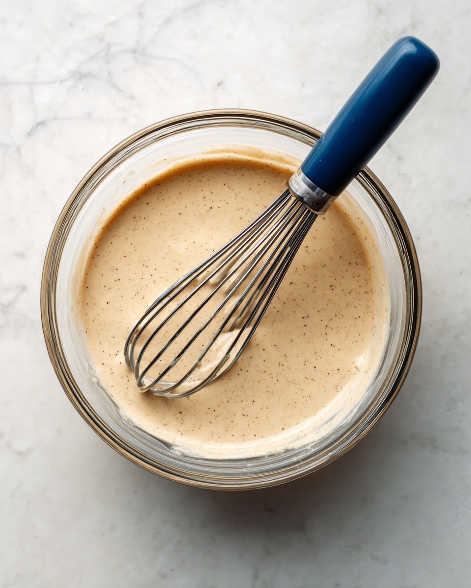 A clear glass bowl sits on a white marbled surface, filled with one smooth layer of creamy light beige sauce that has small black specks spread evenly throughout. Resting inside the bowl is a metal whisk with a dark blue handle, partially covered in the sauce, positioned diagonally with the whisk end towards the center and handle extending outwards. The sauce has a slightly glossy, thick texture. Photo taken with an iphone --ar 4:5 --v 7