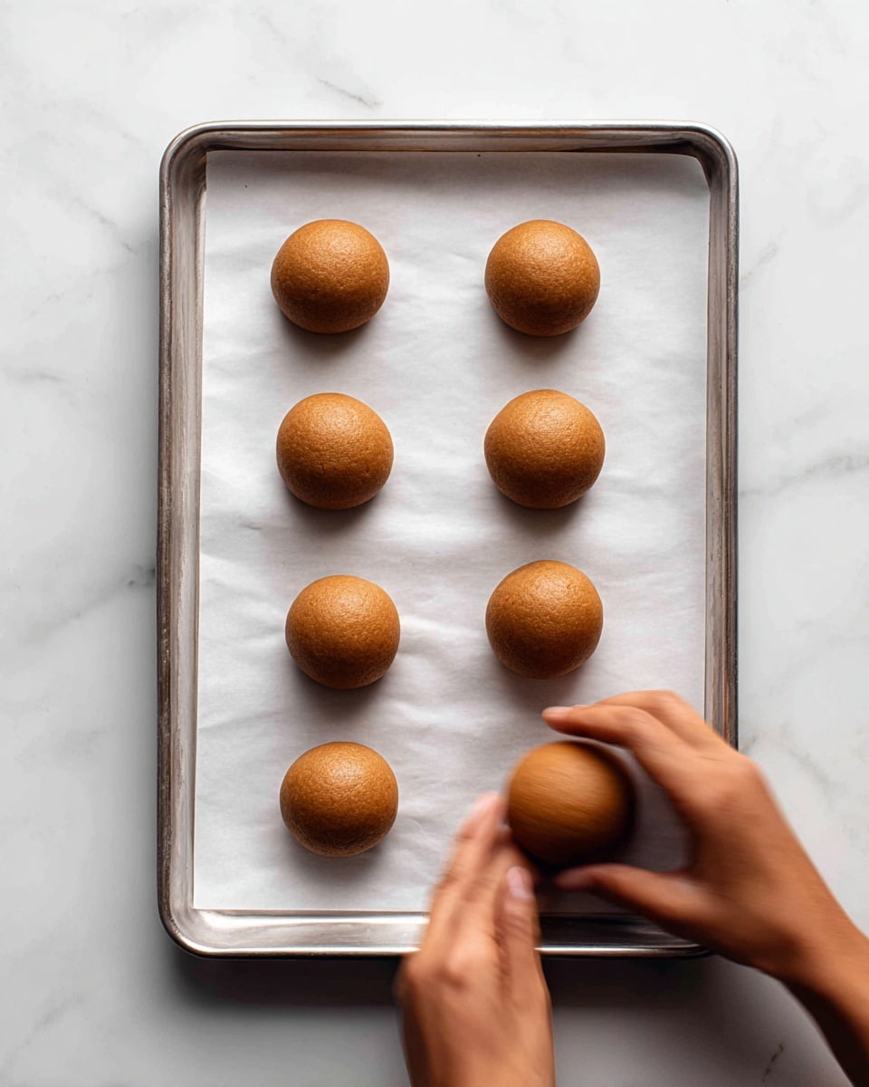 A metal baking tray lined with white parchment paper sits on a white marbled surface. On the paper are eight evenly spaced, round, brown dough balls arranged in two rows of three and one row of two at the bottom left. In the lower right corner, a woman's blurred hands are gently rolling another brown dough ball, creating a sense of motion. The dough balls have a smooth, slightly shiny texture, showing they are ready for baking. photo taken with an iphone --ar 4:5 --v 7