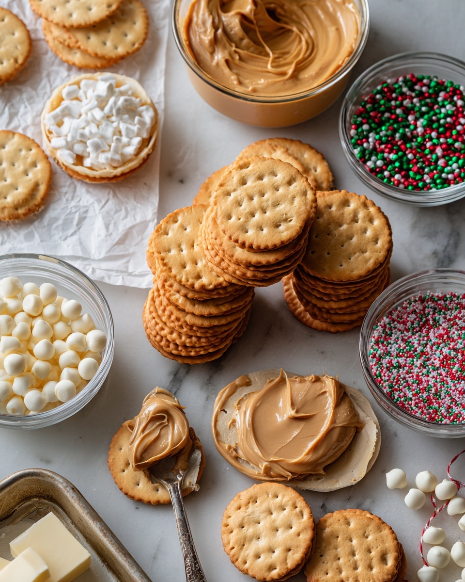 The image shows two boards on a white marbled surface. The left board has five rows of six plain golden round crackers, all neatly arranged on a sheet of parchment paper. On the right board, the same crackers are partially dipped halfway in smooth white chocolate, with colorful red, green, and white sprinkles on the dipped side. Next to this board is a clear glass bowl filled with white chocolate cream and a wooden spoon resting inside, placed on a red and white checkered cloth. A small clear bowl with more red, green, and white sprinkles is also nearby. Photo taken with an iphone --ar 4:5 --v 7