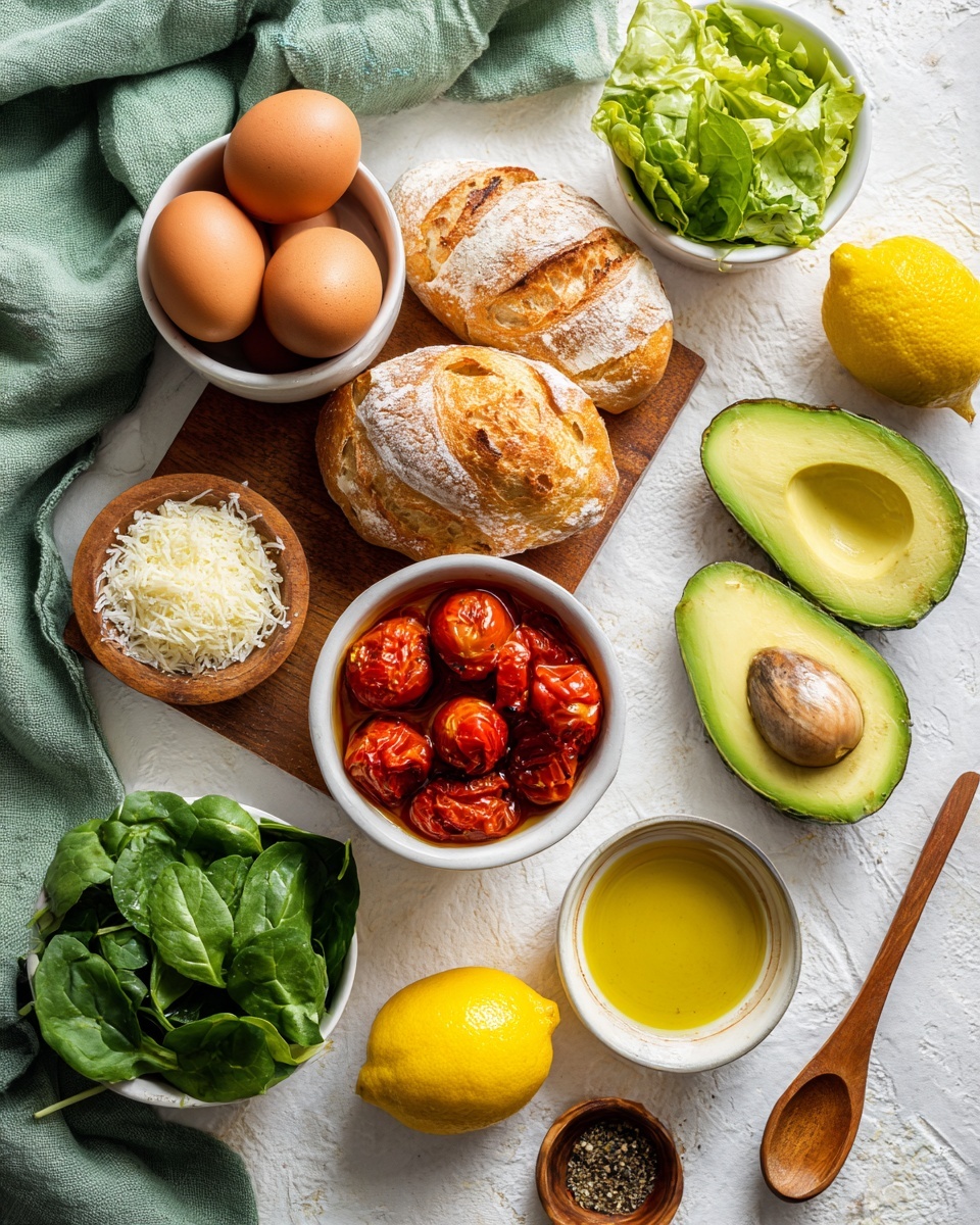 The image shows fresh ingredients on a white marbled surface with a green cloth on the left side. In the center, there is a wooden board with three thick pieces of crusty bread stacked loosely. To the upper left, a white bowl holds three brown eggs. Above the bread and to the right, there is a small white bowl filled with halved roasted cherry tomatoes in a glossy sauce. Next to that is fresh green leaf lettuce. On the right side, two avocado halves with green flesh and brown pits are placed side by side. Below the avocados, a small white bowl contains olive oil, and a small wooden spoon with ground black pepper is nearby. At the bottom left, fresh spinach leaves fill a white bowl and some loose spinach leaves spread around a bright yellow lemon. Near the lemon, there is a small white bowl with grated cheese. The overall scene is bright and fresh, showing all elements clearly. Photo taken with an iphone --ar 4:5 --v 7