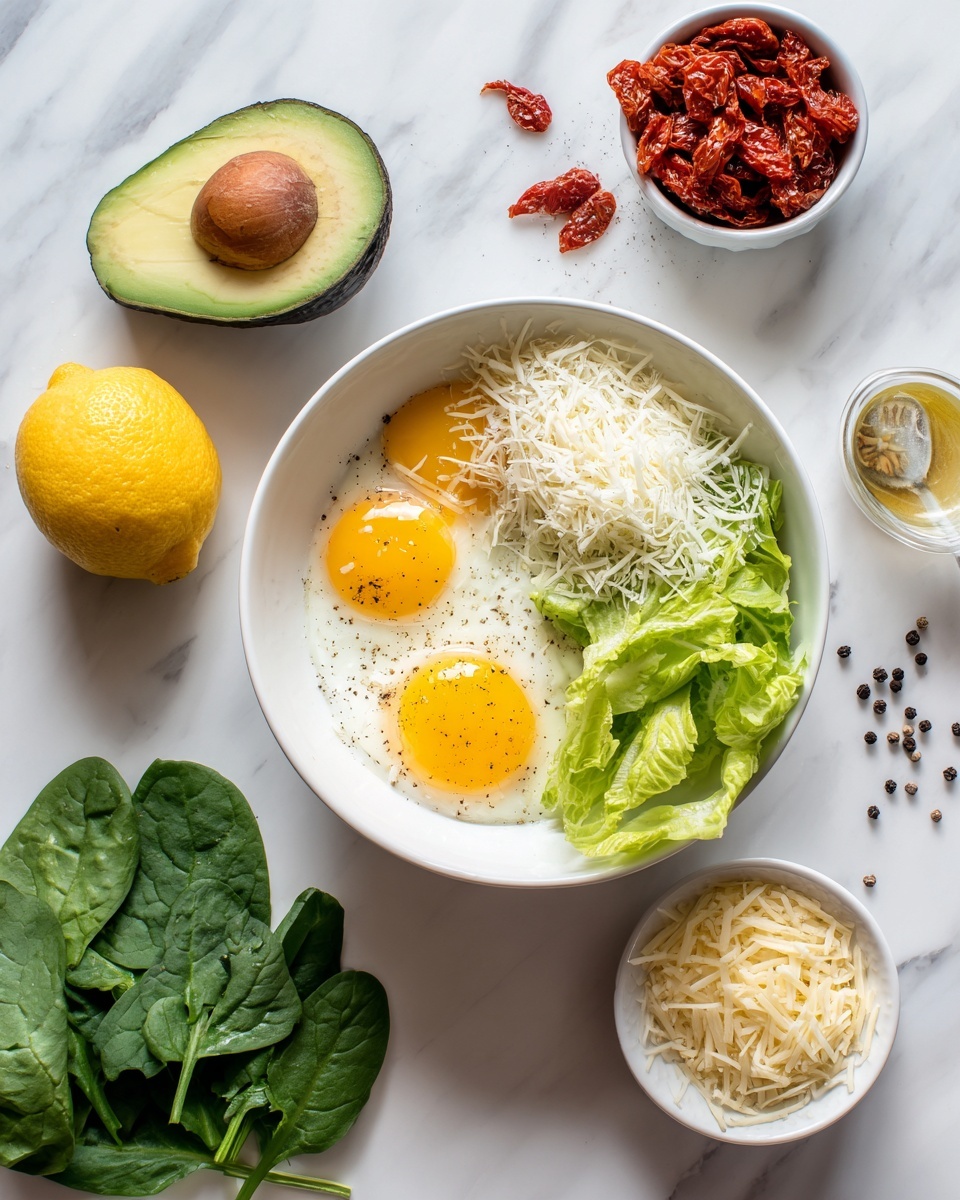 In the center of a white bowl, there are four bright yellow egg yolks mixed with clear egg whites, topped with a small pile of white shredded cheese and a light sprinkle of black pepper on top of the eggs to the left side. Around the bowl, there is a halved avocado with its seed, fresh green lettuce leaves on the right, a lemon on the left, a bunch of fresh green spinach leaves at the bottom left, and a small white bowl filled with sun-dried red tomatoes near the bottom center. Also seen are a small white dish with more shredded cheese, a tiny container of oil, and some scattered black peppercorns on a white marbled surface photo taken with an iphone --ar 4:5 --v 7