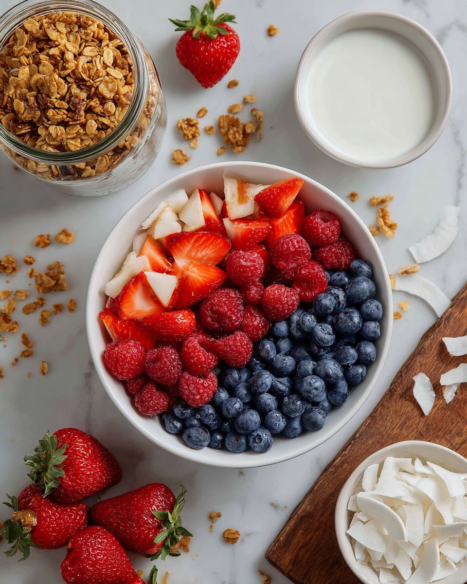 A white bowl filled with three layers of fresh fruits: the bottom layer is deep blue blueberries, the middle layer is bright red raspberries, and the top layer is sliced red strawberries. To the top left of the bowl is a jar filled with granola that has oats and nuts, and to the top right is a small white bowl with a smooth white liquid, likely yogurt. At the bottom right, there is a wooden board with more sliced strawberries, white coconut flakes scattered, and a small white dish filled with larger coconut flakes. The background is a white marbled surface with granola pieces and coconut flakes spread around. photo taken with an iphone --ar 4:5 --v 7