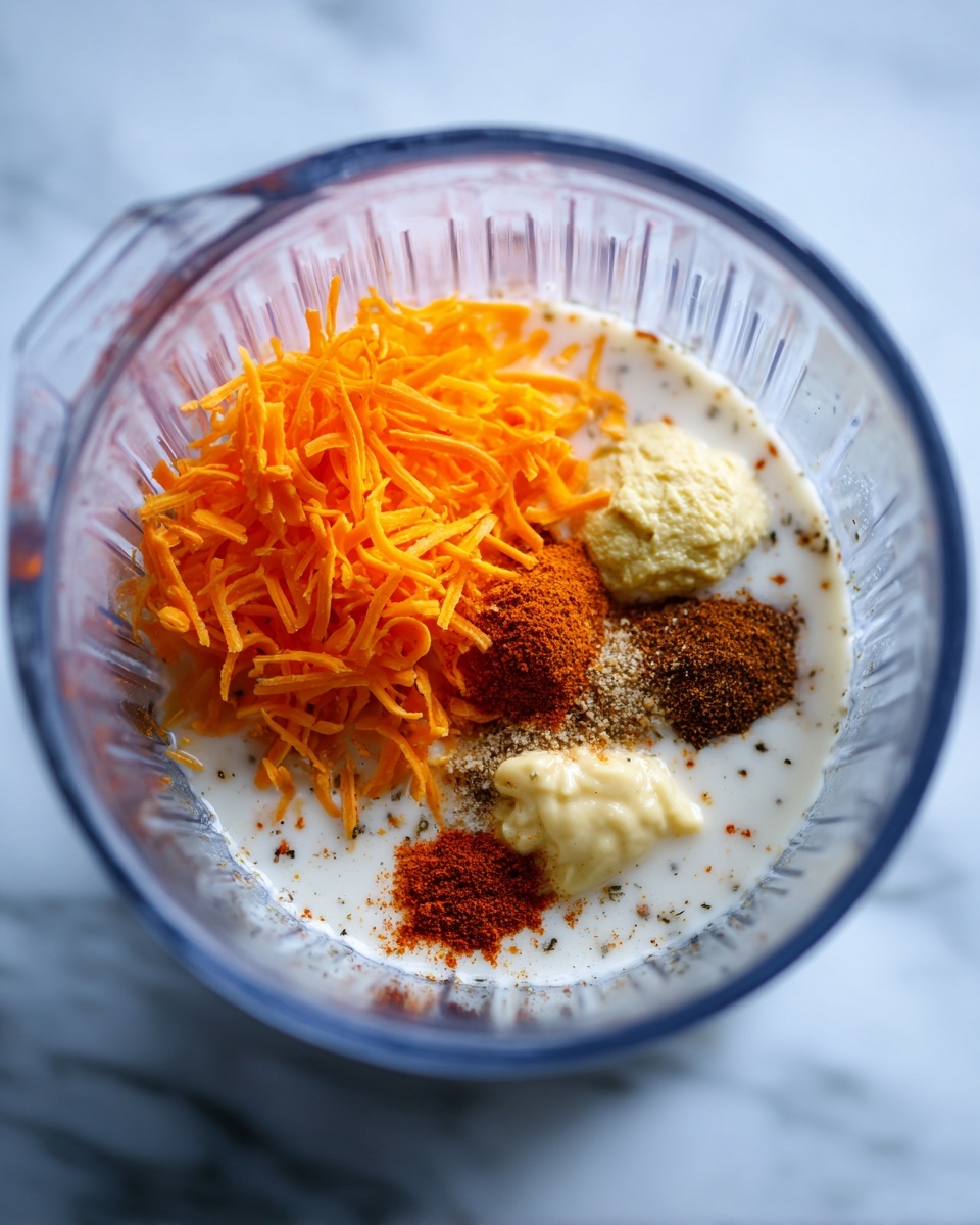 The image shows a clear blender cup on a white marbled surface with several ingredients inside. At the bottom, there is a thin layer of white liquid with small specks, likely spices. Above that, on one side, there is a large pile of bright orange shredded cheese covering almost half of the cup's base. Next to the cheese, there are two dollops of pale yellow mustard and a sprinkle of dark brown spice, creating distinct color areas next to each other. The inside of the blender cup is ridged, and the photo is taken from a top-down view, capturing all layers clearly. photo taken with an iphone --ar 4:5 --v 7