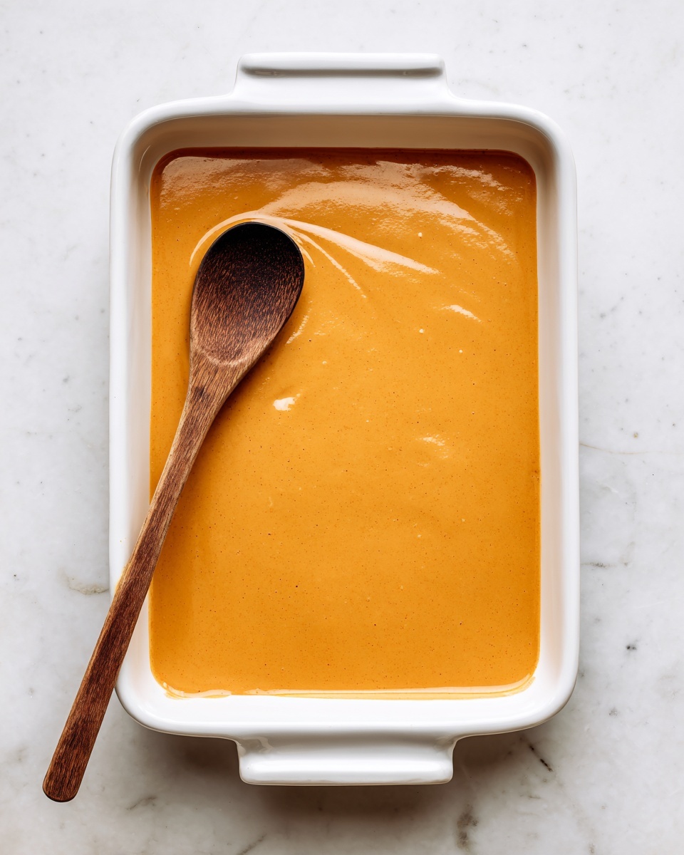 A white rectangular baking dish is filled with a smooth, creamy orange sauce that covers the bottom evenly. Inside the dish, a wooden spoon with a dark handle rests on the left side, partially submerged in the sauce. The dish is placed on a white marbled surface, creating a clean and bright background. The sauce has a rich, velvety texture with a uniform color, and there are no visible layers or toppings. Photo taken with an iphone --ar 4:5 --v 7