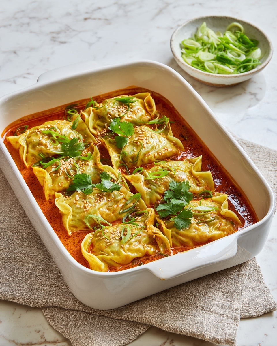 A white speckled bowl filled with four dumplings covered in bright red chili oil sauce with visible deep red chili spots. The dumplings are light golden with slightly wrinkled edges and are topped with small green onion slices and toasted light brown sesame seeds scattered evenly. The bowl is placed on a white marbled surface next to a small bowl of fresh green cilantro leaves. Photo taken with an iphone --ar 4:5 --v 7