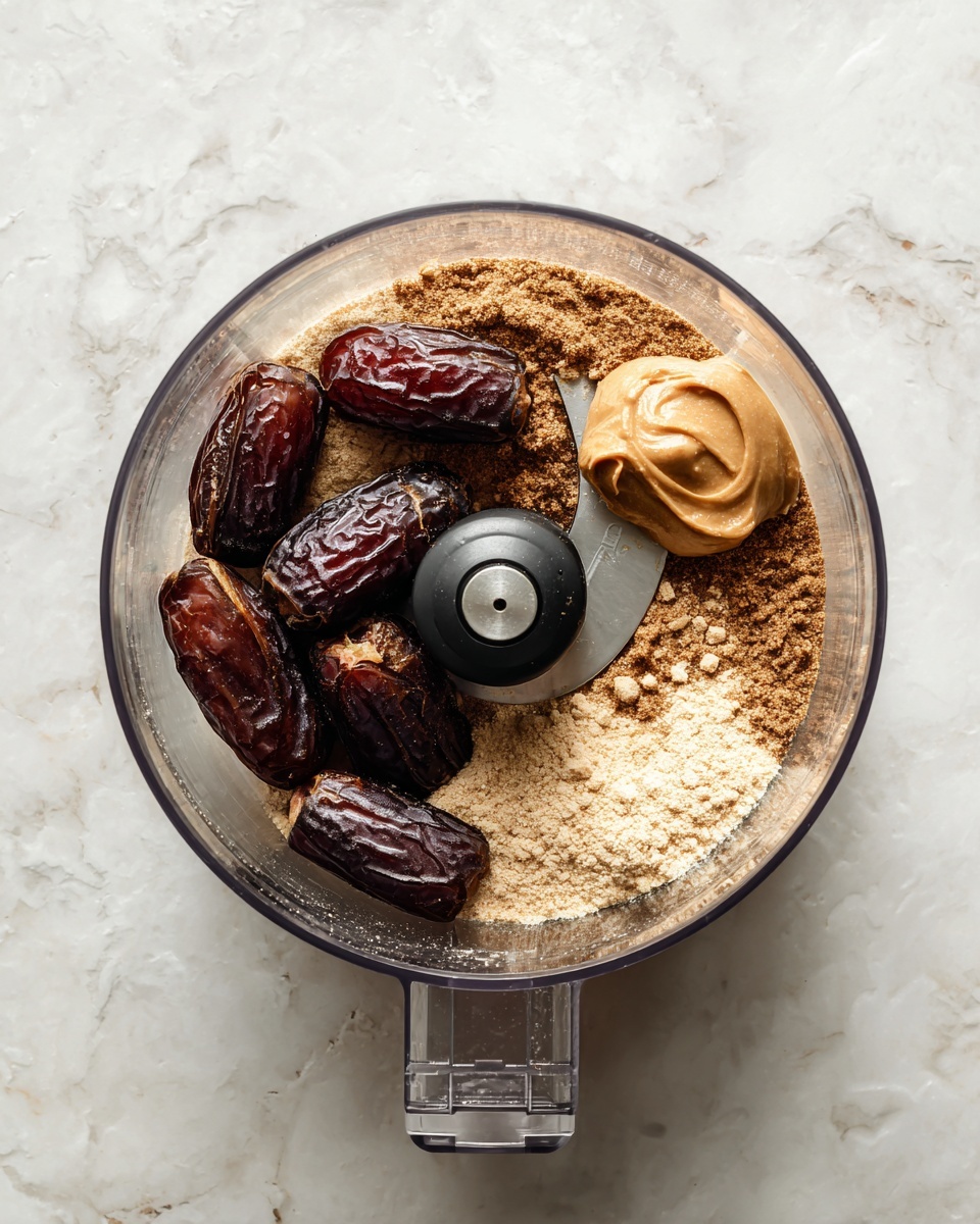 A clear food processor bowl on a white marbled surface filled with several dark brown dates placed mostly on the left side, a tan-colored nut butter scoop near the bottom, and light beige powder sprinkled on top, mainly on the right side; the black and gray blade is centered inside the bowl. Photo taken with an iphone --ar 4:5 --v 7