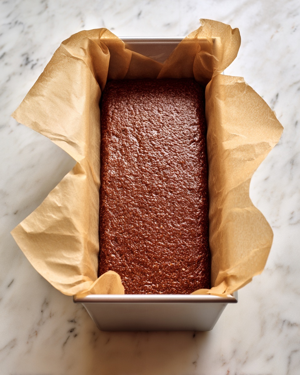 A rectangular baking pan lined with beige parchment paper on the two longer sides holds a single layer of thick, dense brown dough spread evenly, showing a slightly rough and textured surface with small speckles. The metal pan's interior is silver and shiny, and the scene is set on a white marbled surface. photo taken with an iphone --ar 4:5 --v 7