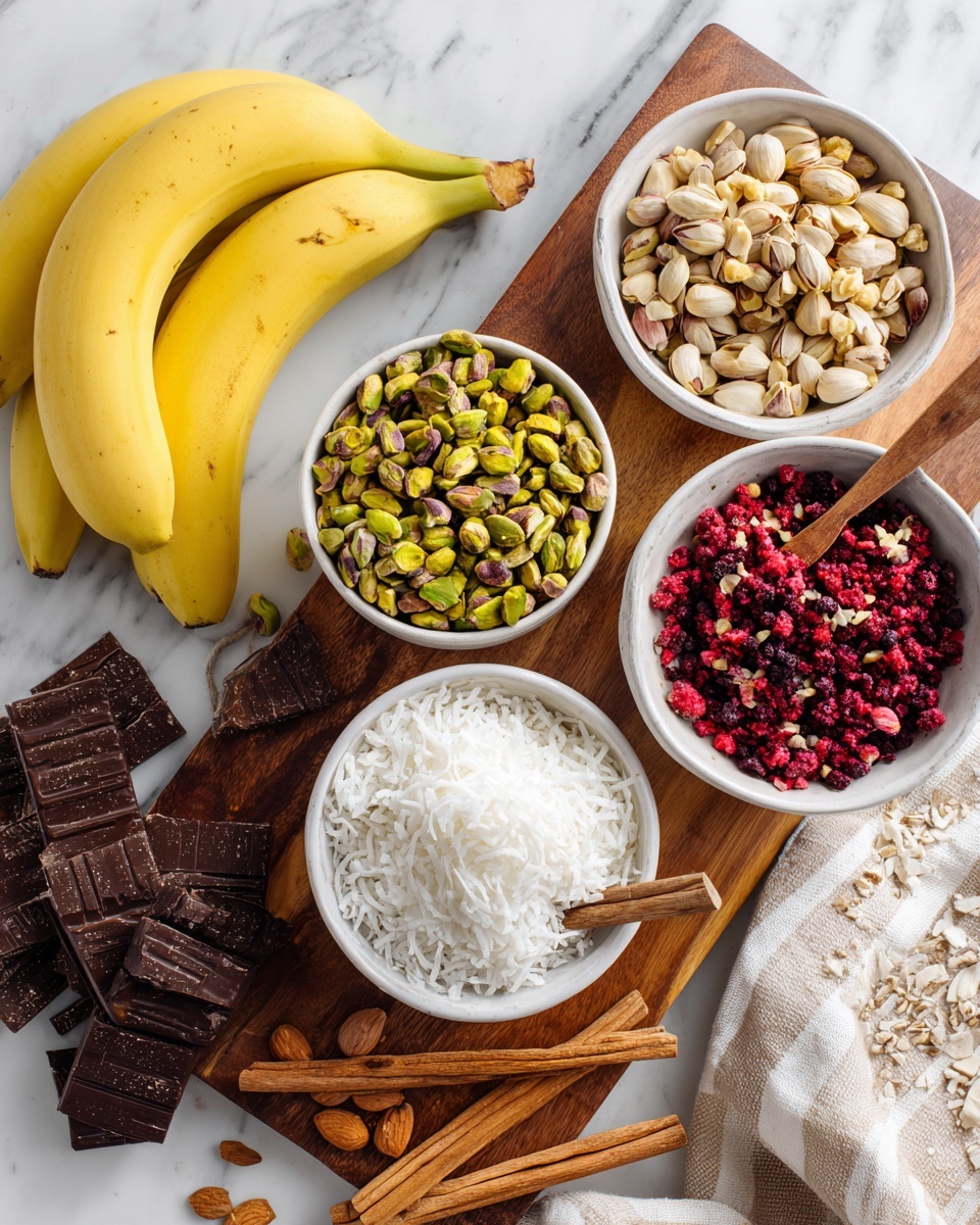 The image shows two white bowls filled with chopped nuts at the top right side, one bowl with chopped nuts and the other with sliced nuts. Below them, two large white bowls contain bright green pistachios and crushed red berries, each with a small wooden spoon placed inside. In the lower left quadrant, a white bowl holds white shredded coconut with a wooden spoon resting on top, surrounded by loose coconut flakes on a wooden cutting board also stacked with dark chocolate bars. Several fresh yellow bananas with smooth skins are arranged in two groups on the wooden board and right beside it. Wooden sticks lie on a beige and white striped cloth beneath the cutting board, all placed on a white marbled surface photo taken with an iphone --ar 4:5 --v 7