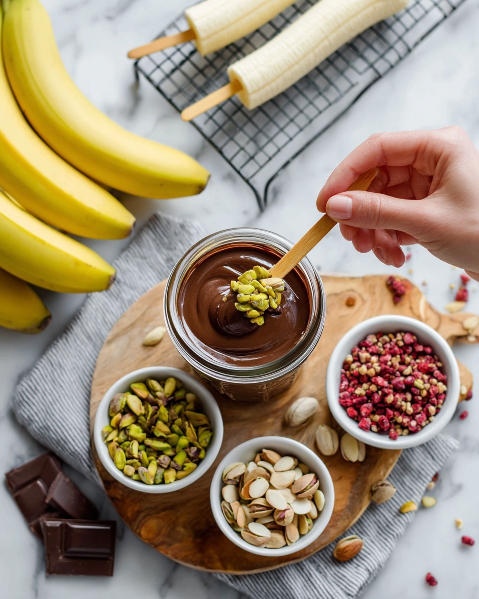 A woman's hand is holding a small light brown wooden stick with a peeled banana piece on it, dipping into a clear glass jar filled with smooth dark brown chocolate. Behind the jar, three peeled bananas on sticks are lined up on a metal cooling rack. To the left, a bunch of whole yellow bananas rest on a white marbled surface. Around the jar on a wooden board are four white small bowls: one filled with whole green pistachios, one with crunchy light beige chopped nuts, one with bright red crushed freeze-dried berries with a small wooden spoon, and one with light beige sliced almonds, with extra sliced almonds scattered around. At the lower left corner, some dark brown chocolate squares are visible, and the scene is set on a white marbled textured background with a grey lined cloth beneath the wooden board. photo taken with an iphone --ar 4:5 --v 7
