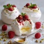 Pavlova Bombs with Raspberry Coulis, Lemon Curd, and Whipped Cream Recipe