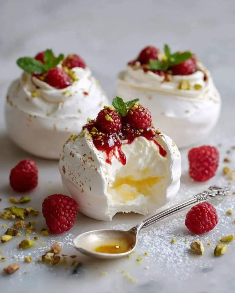 Pavlova Bombs with Raspberry Coulis, Lemon Curd, and Whipped Cream Recipe