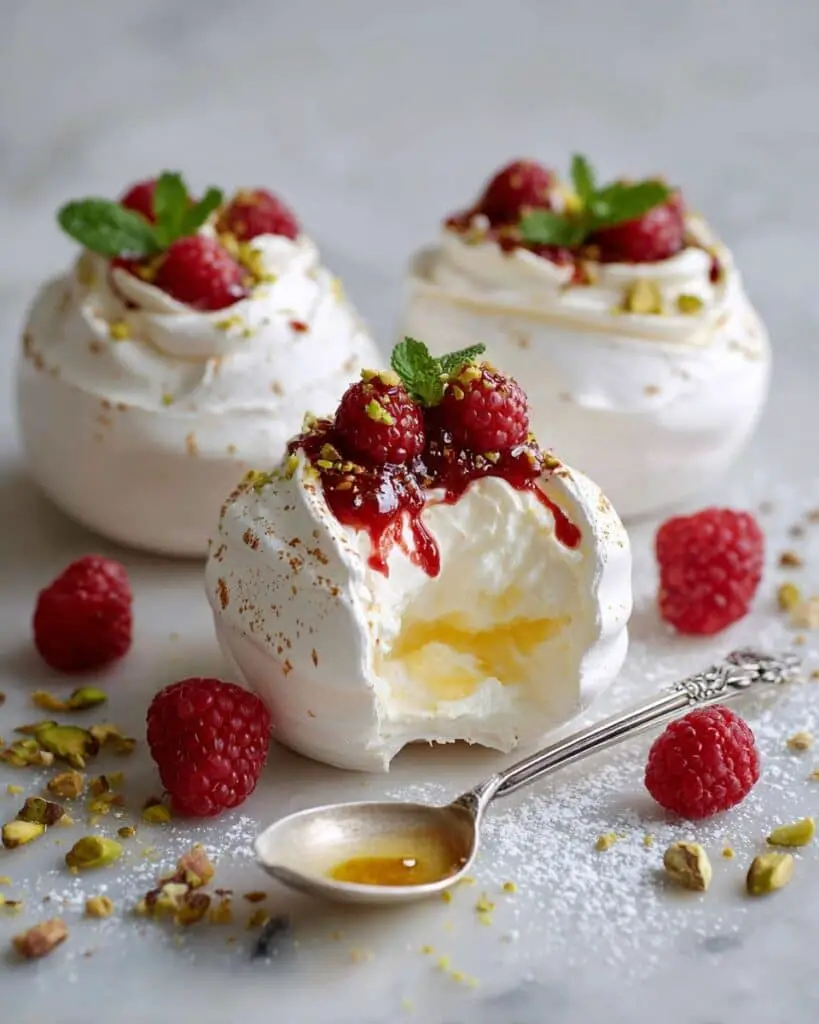 Pavlova Bombs with Raspberry Coulis, Lemon Curd, and Whipped Cream Recipe