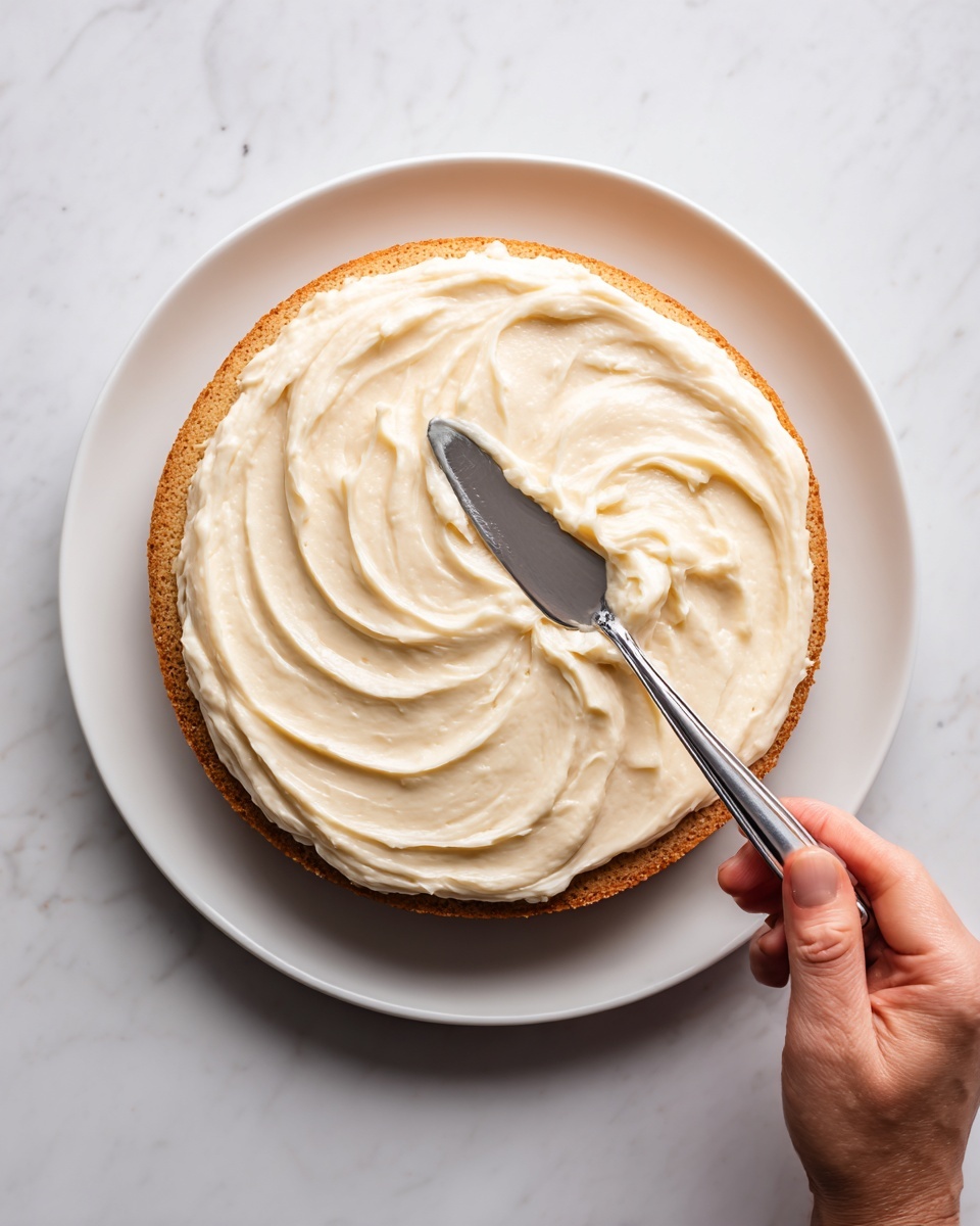A large round flat cake layer with a soft, light beige color is placed on a white plate on a white marbled surface. On top, there is a thick, creamy, smooth layer of off-white frosting being spread in a swirl pattern with a metal spoon. A woman's hand is holding the spoon, smoothing the frosting from the center outward, creating soft peaks and curves in the creamy layer. Photo taken with an iphone --ar 4:5 --v 7