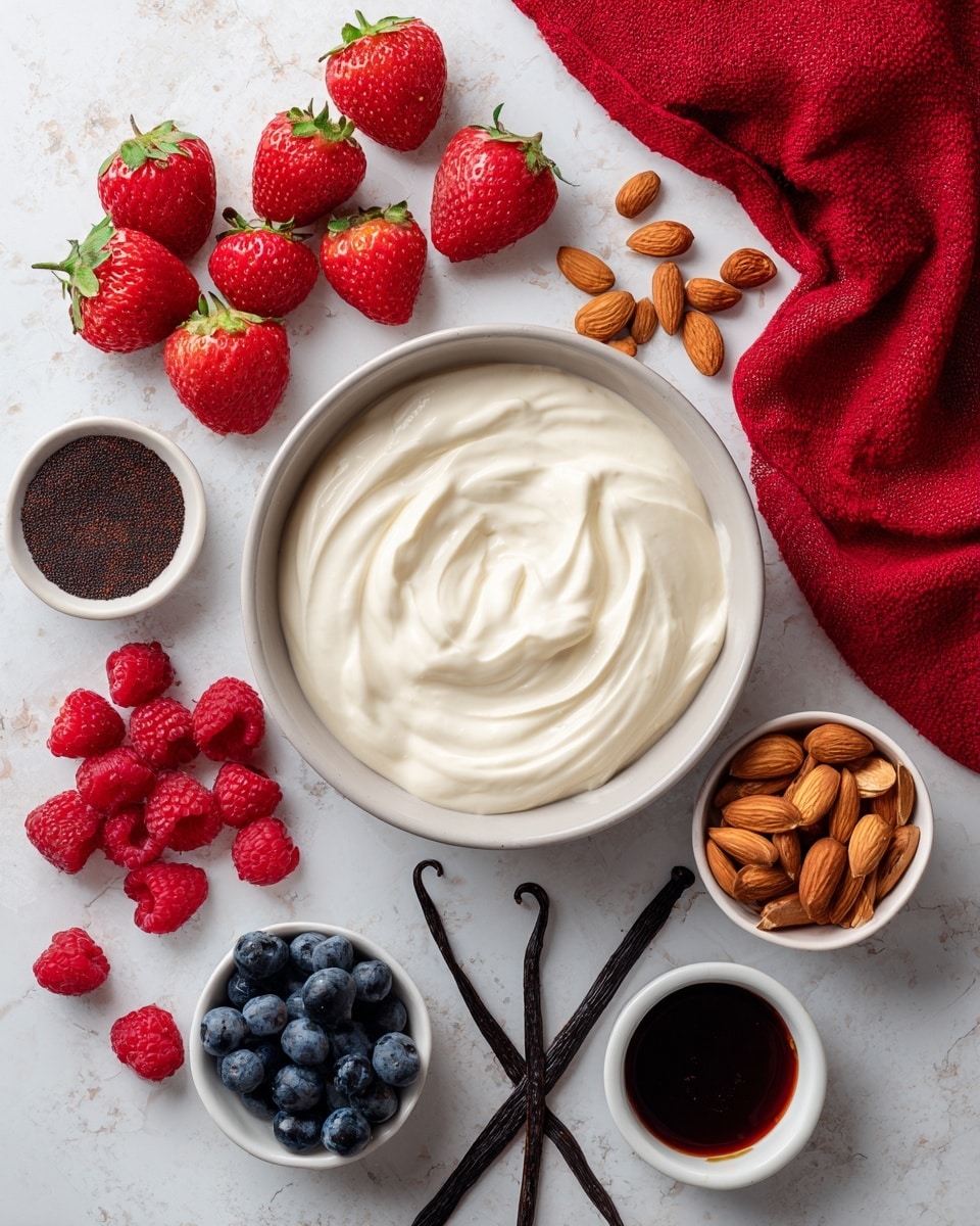 A white bowl filled with smooth, creamy white yogurt sits in the center of a white marbled surface. Surrounding the bowl are fresh red strawberries and bright red raspberries scattered on one side, with whole almonds and a small bowl of chopped almonds placed neatly on the other side. Below the bowl, a small white cup holds dark blue blueberries, some spilled around it. Near the blueberries, there are two vanilla pods and a small white dish with a dark brown powder, while a small white bowl with a dark syrup is near the strawberries. A red cloth is casually placed on the right side of the bowl. photo taken with an iphone --ar 4:5 --v 7