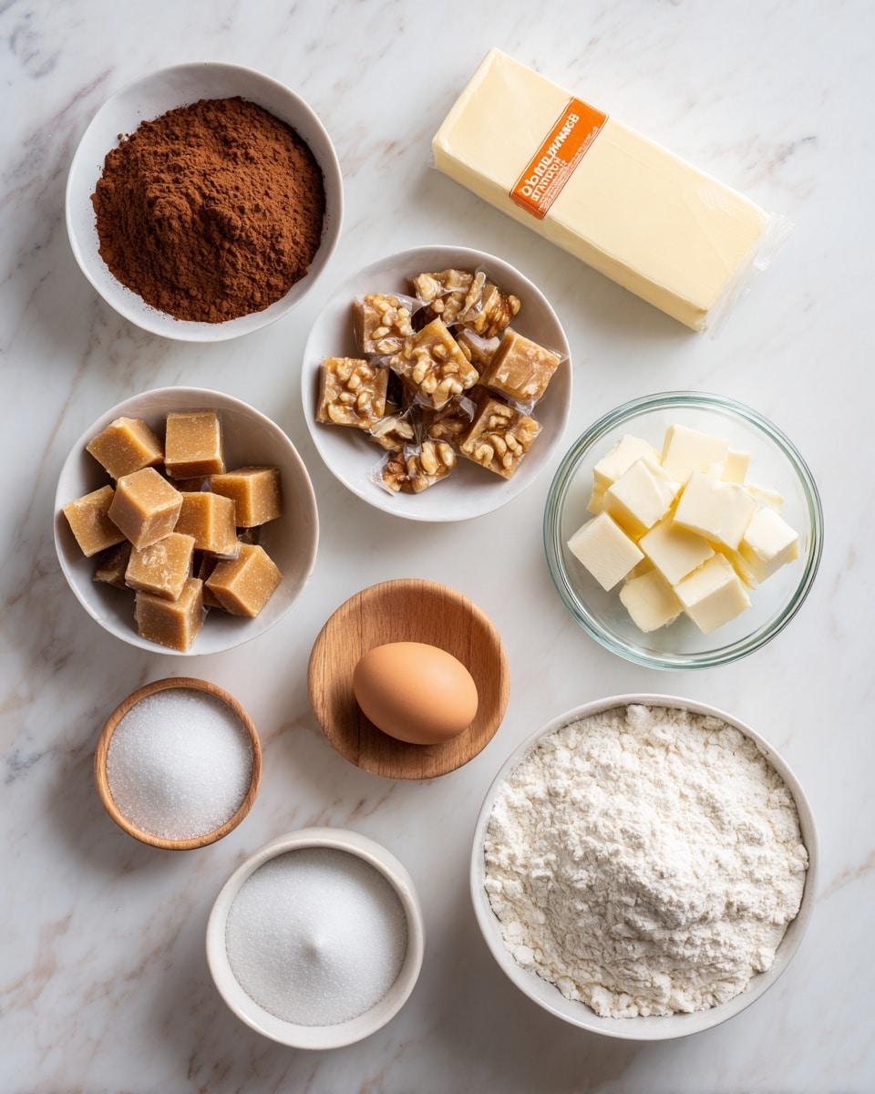 The image shows nine ingredients arranged neatly on a white marbled surface. There is a white bowl filled with white flour at the bottom right. Above it, starting from left to right, are two white bowls containing chopped nuts and wrapped caramel cubes, respectively. Next to these is a white bowl filled with light brown sugar and a glass bowl containing white granulated sugar. Above the sugar is a stick of butter in orange and white packaging. To the right of the butter, there is a small wooden bowl with a single brown egg and another small wooden bowl containing white powder, likely baking powder or baking soda. At the top left of the image is a white bowl filled with cocoa powder. Photo taken with an iphone --ar 4:5 --v 7