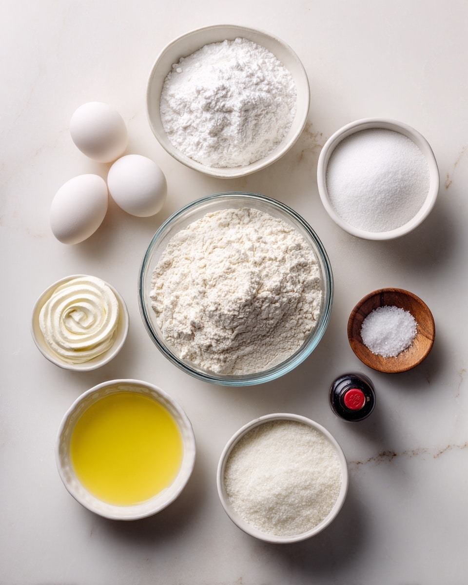 The image shows a top view of several baking ingredients arranged neatly on a white marbled surface. In the center is a clear glass bowl filled with white flour. To the top left of the bowl, there are three whole white eggs. Above the eggs, a white bowl holds a snowy white powder, likely powdered sugar. Below the eggs, another white bowl contains granulated white sugar with a subtle swirl pattern on top. To the bottom right of the flour bowl, a white bowl is filled with a smooth yellow liquid, possibly oil. To the right side of the flour bowl, there are two small wooden bowls, one containing a small mound of baking powder or soda, and the other with salt. A small black bottle with a red cap lies near the wooden bowls. The colors are mainly white with soft textures of powders and smooth liquids, set against the clean, light background. Photo taken with an iphone --ar 4:5 --v 7