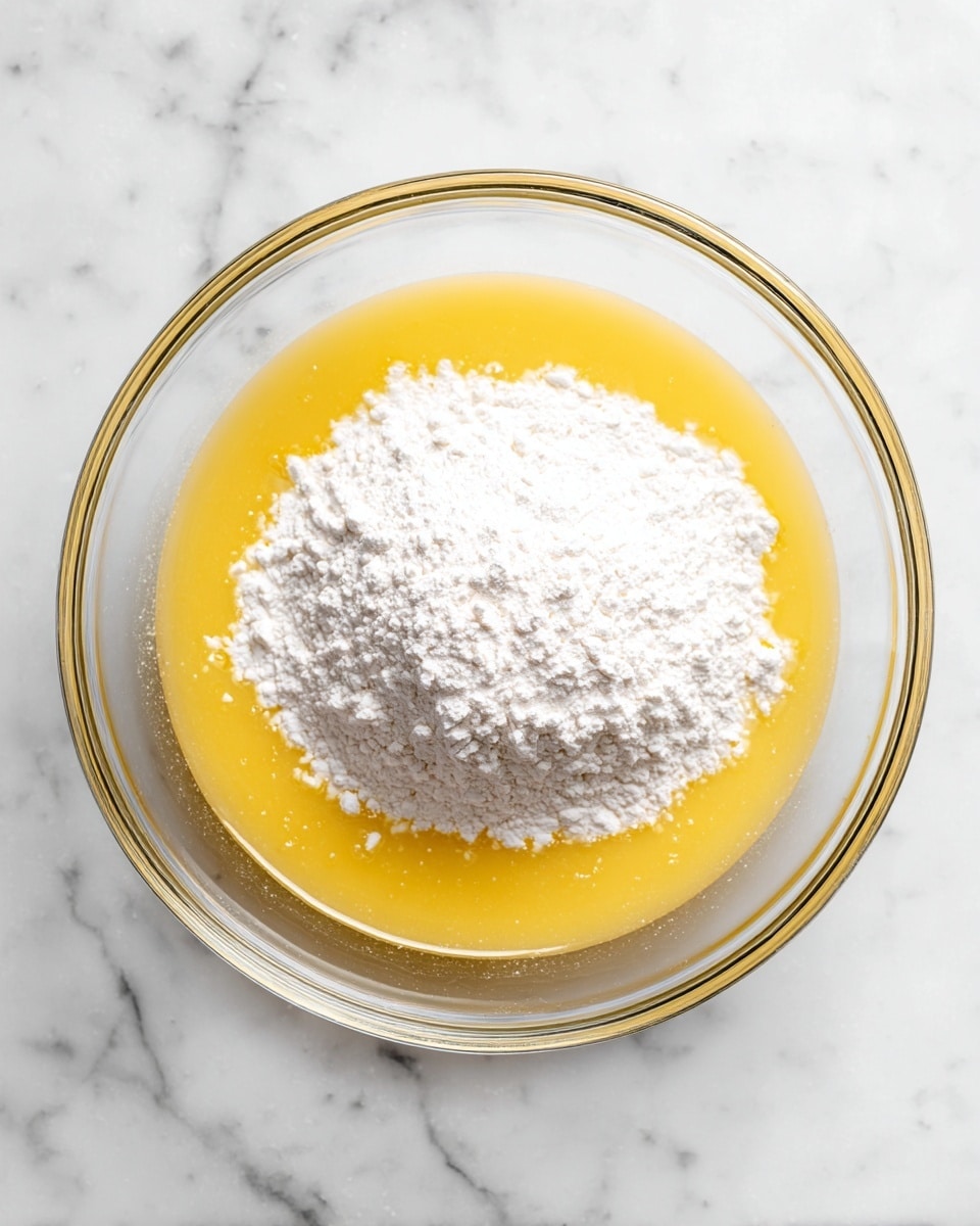 A clear glass bowl is placed on a white marbled surface, holding two visible layers inside. The bottom layer is a smooth, shiny golden-yellow liquid, while the top layer is a mound of fine, white flour piled in the center. The flour has a powdery texture and contrasts sharply with the yellow liquid beneath it. The scene is bright and clean, focusing on the simplicity of the ingredients. photo taken with an iphone --ar 4:5 --v 7