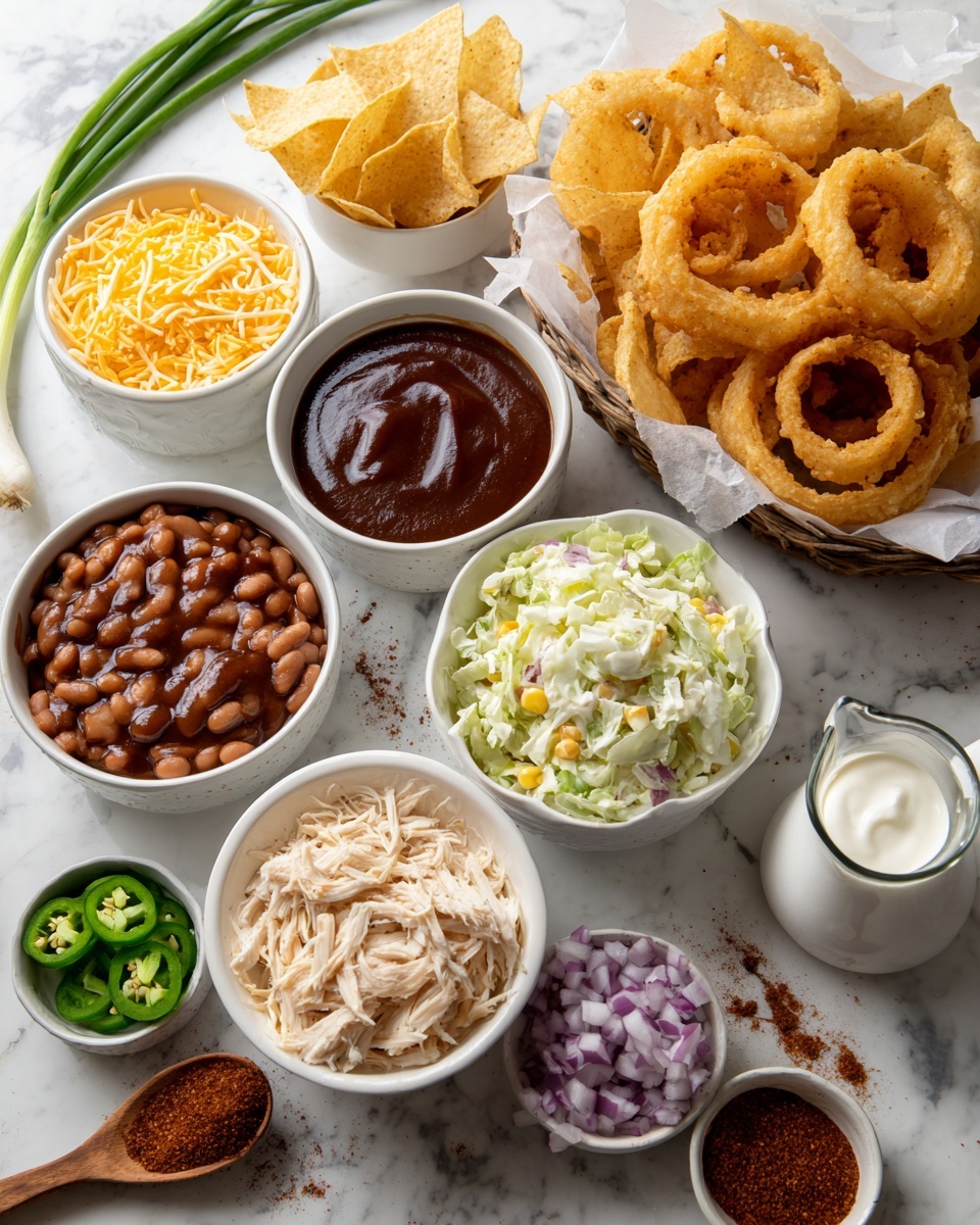 The image shows a white basket on the right filled with golden brown onion rings and tan tortilla chips stacked behind them. Surrounding the basket are small white bowls; one contains dark brown barbecue sauce with a smooth texture on the top left, another has shredded yellow and white cheese above the coleslaw. The coleslaw bowl, in the center, holds shredded cabbage mixed with small pieces of carrot and corn in a creamy dressing. Below it, there is a bowl of shiny brown baked beans. Two white bowls contain shredded white cheese on the left and shredded light brown chicken below it. There are small white bowls with chopped red onions and sliced green jalapeños near the bottom center. On the right side, a clear glass pitcher holds thick white sour cream. Two wooden spoons with light brown and reddish spices rest nearby on the white marbled surface with some green onions to the left. Photo taken with an iphone --ar 4:5 --v 7