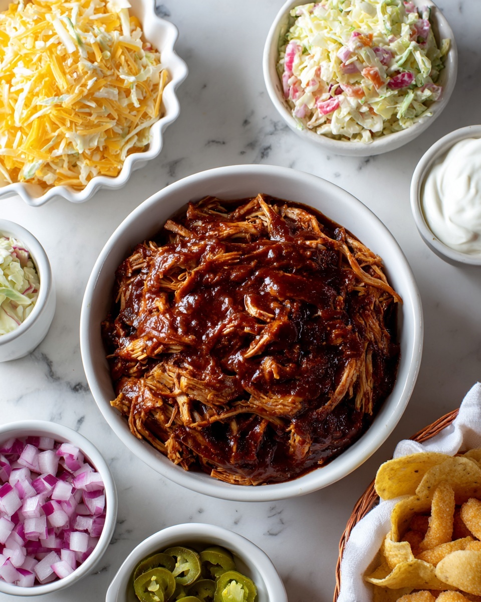 A white bowl filled with shredded chicken covered in thick, dark brown barbecue sauce sits in the center. To the top left of the bowl is a white, ruffled dish holding a pile of shredded yellow and white cheese. Below it, a small white bowl contains creamy coleslaw with thin carrot and cabbage pieces. To the bottom left, two small white bowls hold diced red onions and green jalapeño slices. To the right edge, a white bowl filled with smooth, white sour cream is placed. At the top right, a white basket lined with a white napkin holds golden tortilla chips and crunchy, breaded onion rings. All items are set on a white marbled surface. photo taken with an iphone --ar 4:5 --v 7