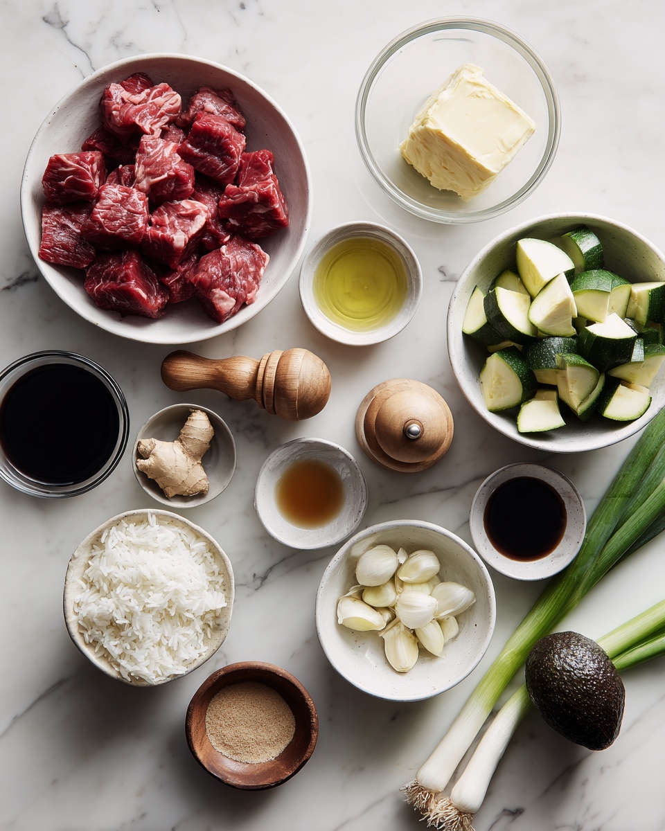 The image shows various cooking ingredients arranged on a white marbled surface. In the top left, there is a white bowl filled with raw, cut pieces of red meat. To the right is a small clear glass bowl with a block of pale yellow butter. Next to it is a white bowl with sliced green zucchini. Below the meat bowl is a wooden pepper grinder. In the center, a small white bowl holds chopped garlic. Below and to the left is a white shallow bowl with a small piece of ginger. Several small white bowls hold different liquids and sauces including a dark soy sauce, light oil, and a small bowl with a black sauce. A glass bowl with white rice is placed near the bottom left. Next to it is a tiny glass bowl with brown sugar. A dark green whole avocado and two fresh green onions with white bulbs are also included, lying at the bottom right. Photo taken with an iphone --ar 4:5 --v 7