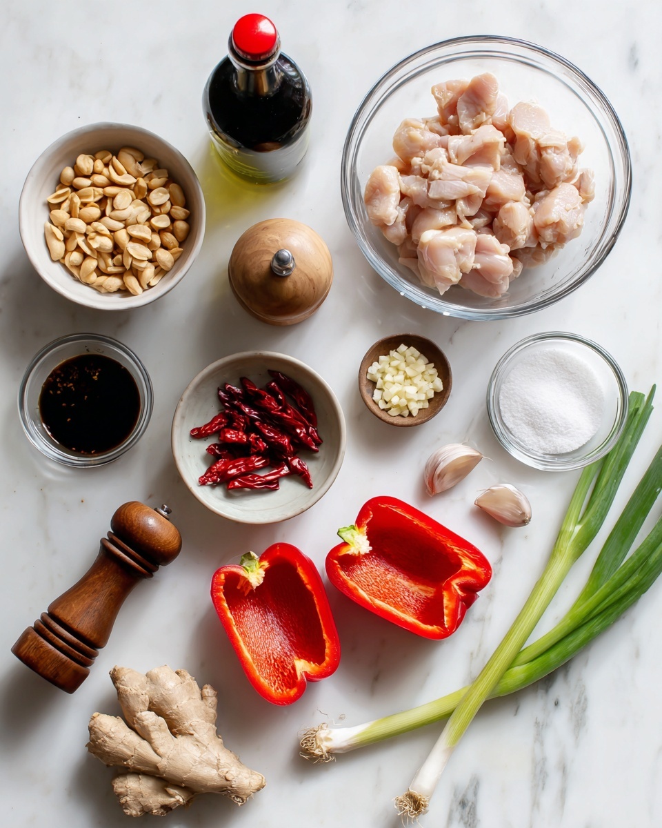 The image shows various cooking ingredients arranged neatly on a white marbled surface. At the top right, there is a clear glass bowl filled with small pieces of light pink raw chicken. Around it, a dark green bottle of oil and a wooden pepper grinder stand upright. To the left, a small white bowl holds light brown peanuts, and below it is a bottle with a red cap of dark soy sauce. Near the center, a small clear bowl contains white powder, likely flour or cornstarch, and next to it is a tiny bowl filled with pale chopped garlic. Close by are several whole red dried chili peppers and a small glass bowl with a clear liquid. Below, there are two halves of a bright red bell pepper with green stems facing upwards. At the bottom left corner, a small white bowl holds dark brown brown sugar. Two fresh green spring onions with white roots are gently placed at the bottom right. A fresh ginger root, light tan in color with a knobby shape, is positioned near the center. The overall setup is bright with natural light and clean, simple with no shadows. photo taken with an iphone --ar 4:5 --v 7