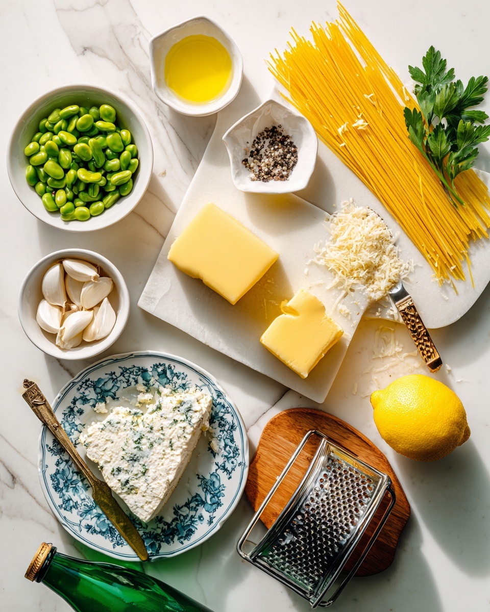 The image shows various cooking ingredients spread on a white marbled surface. At the top right, there is an open paper package of uncooked spaghetti noodles with their yellow color visible. Below it, two sprigs of green parsley lay flat. To the right, a wooden board holds a bright yellow lemon with some freshly grated lemon zest next to a metal grater. In the middle, a small white bowl contains two yellow butter slices. Above that, a small bowl of olive oil shows a golden liquid. Toward the top left, a white bowl holds green fava beans with some pods open. Nearby, a small white bowl with thin white garlic slices sits below a halved lemon with its bright yellow flesh facing up. Next to these, there is a small floral bowl with ground black pepper and a white container holding salt with a small golden spoon. At the bottom left, there is a white plate with blue ornate patterns holding crumbly white and yellow cheeses with a cheese knife. A green bottle lies diagonally across the surface below the center. Everything is set against a clean white marbled background. Photo taken with an iphone --ar 4:5 --v 7