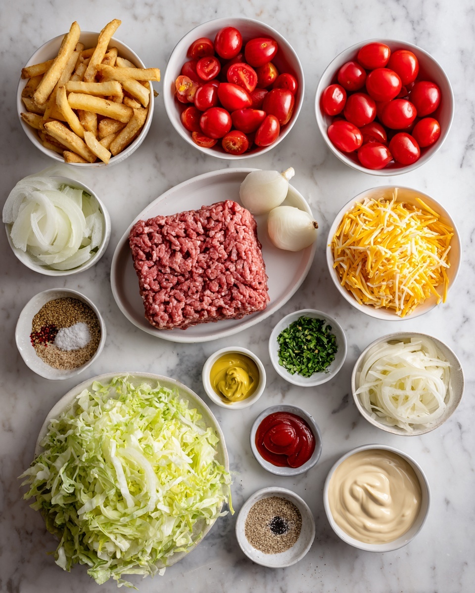 The image shows an overhead view of several small white bowls and a white plate all holding different fresh ingredients arranged neatly on a white marbled surface. In the center-left, there's a white plate holding a square block of raw ground beef with a rough texture. Surrounding it are white bowls filled with bright red halved cherry tomatoes, yellow shredded cheddar cheese, golden seasoned French fries, and fresh chopped white onions. Below, there is a white bowl filled with shredded light green lettuce. Small bowls hold condiments and spices including creamy mayonnaise, green relish, yellow mustard, ketchup, brown mustard seeds in a sauce, salt, black pepper, white garlic powder, and reddish paprika. Everything is ordered neatly and clearly visible. Photo taken with an iphone --ar 4:5 --v 7