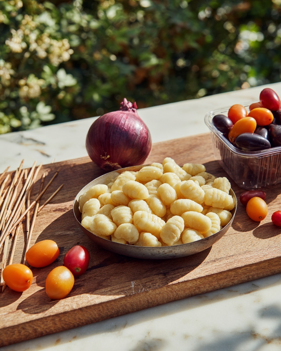 A wooden cutting board rests on a white marbled surface outside with blurred greenery in the background. On the board, there is a metal bowl filled with pale yellow gnocchi forming one layer in the front center. Behind it to the left sits a whole red onion with its purplish skin and three small cherry tomatoes in red, orange, and dark purple around it. Behind that, there is a small plastic container holding more of the same dark purple and orange cherry tomatoes. Several thin wooden skewers are laid flat on the left side of the board. Photo taken with an iphone --ar 4:5 --v 7