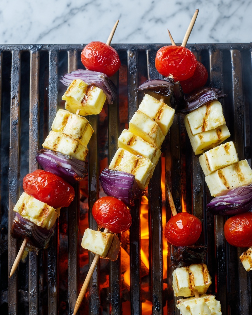 The image shows several wooden skewers on a grill with visible flames underneath. Each skewer has layers starting with pale yellow pieces that look soft, followed by thick square pieces of light purple onion, then bright red cherry tomatoes, another layer of the pale yellow pieces, another layer of onion, and ending with more red tomatoes or dark pieces. A wooden spatula is seen on the right side, partly resting on the skewers. The grill bars are black and shiny above the orange flame, and the whole scene is set against a white marbled surface. photo taken with an iphone --ar 4:5 --v 7