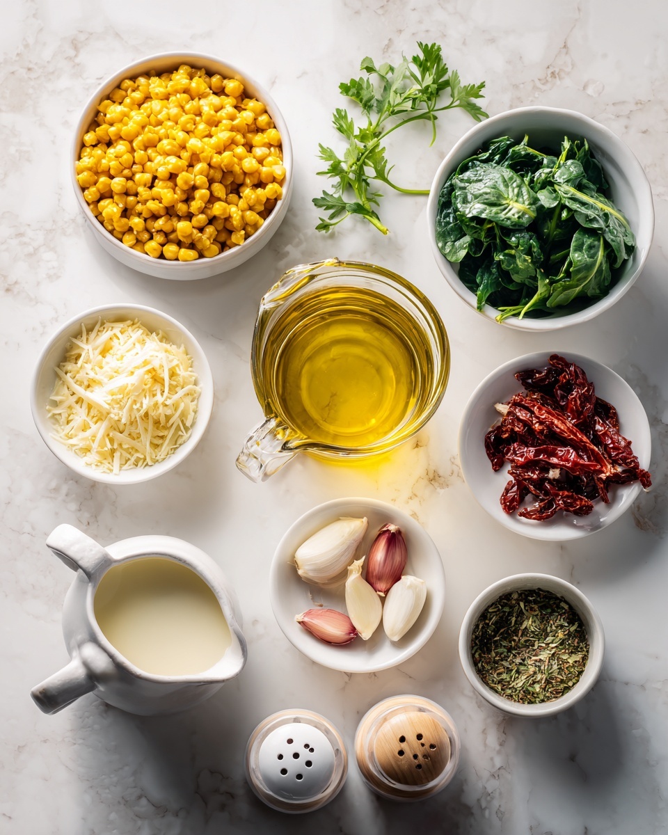 Creamy Tuscan Chickpeas with Sun-Dried Tomatoes and Spinach Recipe 4 A top view image shows various ingredients neatly arranged on a white marbled surface. There are nine small white bowls and containers spread out: a bowl filled with yellow chickpeas at the top left, beside it a bowl with finely grated cheese, and below these a small bowl with fresh green spinach leaves. In the center is a clear glass jug filled with golden-yellow oil. To the right of the jug is a small bowl with dark red sun-dried tomato strips, next to three whole garlic cloves with a pinkish tint. At the bottom left is a white jug filled with a creamy white liquid, with a small bunch of dark green parsley nearby. There are also two shakers, one with a white top and the other with a wooden top, placed near the bottom right corner, close to a small white bowl containing mixed green and yellow dried herbs. The whole setup is clean and bright, with soft natural light enhancing the colors. photo taken with an iphone --ar 4:5 --v 7