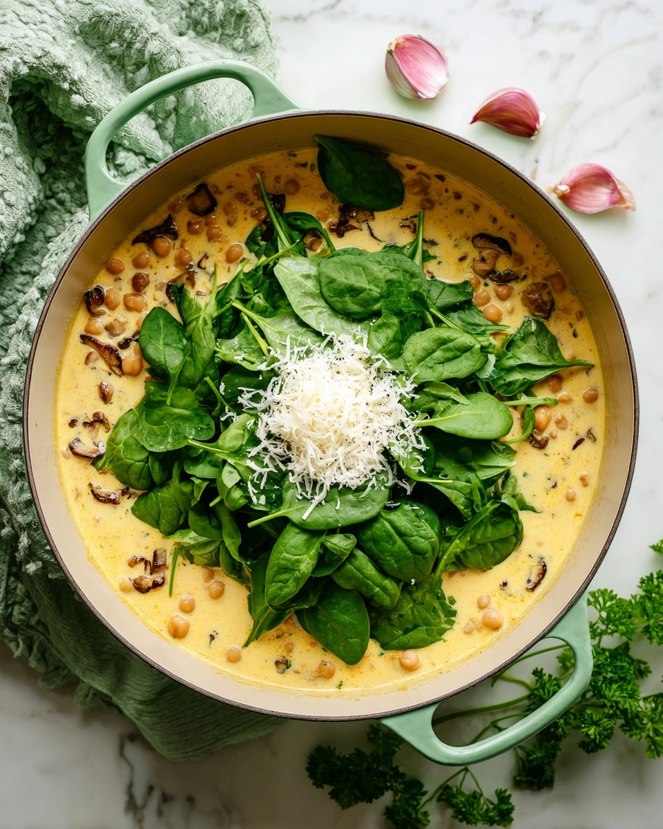 Creamy Tuscan Chickpeas with Sun-Dried Tomatoes and Spinach Recipe 5 A light green pot filled with a creamy yellow sauce mixed with small chickpeas and bits of brown mushrooms evenly spread in the base layer. On top, a heap of fresh, bright green spinach leaves lay mostly on the left and right sides, covering part of the sauce. In the center of the spinach, there is a small mound of finely grated white cheese. The pot sits on a white marbled surface with a sprig of curly green parsley and three pink garlic cloves placed near the top right corner, and a soft green cloth partially draped above the pot. photo taken with an iphone --ar 4:5 --v 7