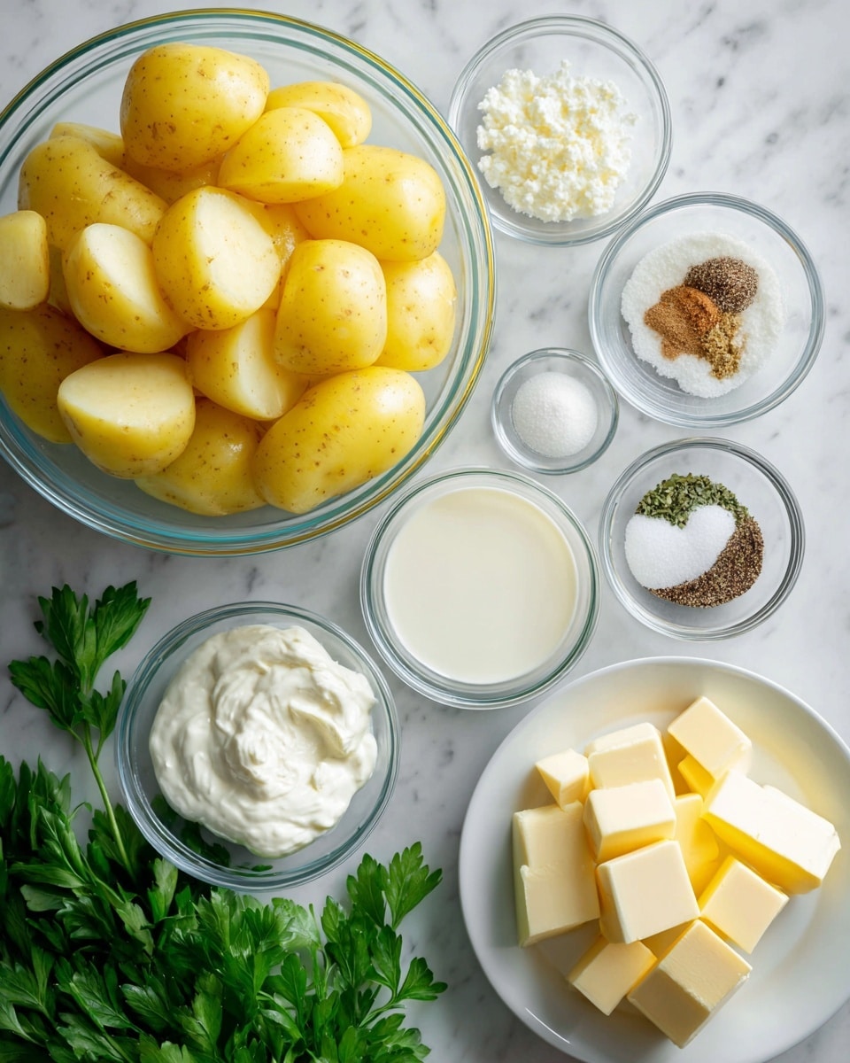 Several clear glass bowls and a white plate are arranged on a white marbled surface. The largest clear glass bowl in the center is filled with peeled and cut yellow potatoes. Surrounding it are smaller clear glass bowls containing white salt, crushed garlic, ground black pepper, light brown seasoning, creamy white sour cream, and light yellow milk. A white plate near the bottom holds evenly cut cubes of pale yellow butter. Fresh green parsley leaves rest in the bottom left corner. The photo taken with an iphone --ar 4:5 --v 7