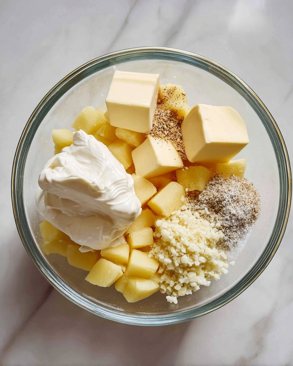 A clear glass bowl sits on a white marbled surface, filled with four main layers: the bottom layer is made up of small, yellow potato pieces; next, several chunks of pale yellow butter are scattered unevenly on top; to the left of the butter, a dollop of thick white cream is placed; sitting atop the cream and butter are three small piles of seasonings—light brown granules, coarse black pepper, and fine white salt; lastly, freshly minced garlic, pale beige in color, rests on the butter near the front edge of the bowl. photo taken with an iphone --ar 4:5 --v 7