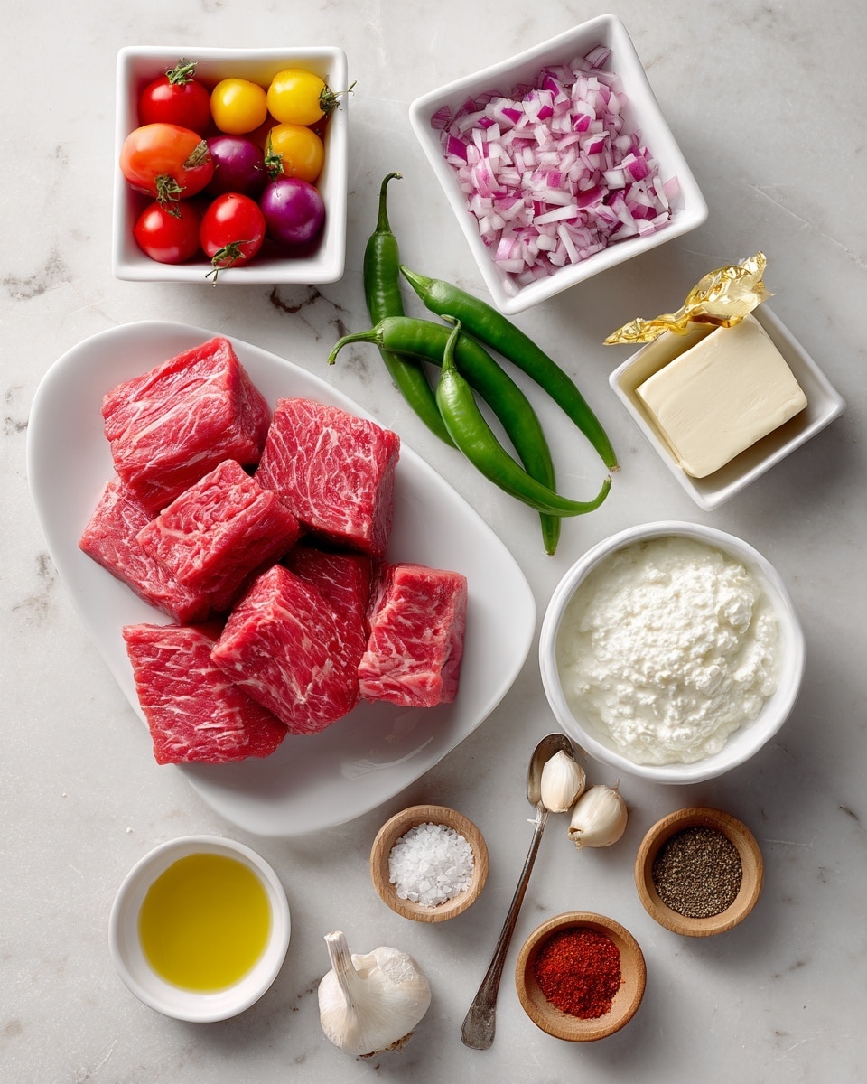 The image shows fresh ingredients neatly arranged on a white marbled surface. In the lower left corner, there is a white rectangular plate holding several thick, red pieces of raw beef with visible marbling. Above the beef, a square white bowl contains finely chopped red onions. To the right, a round white bowl holds smooth, white sour cream. A small square white bowl with a light yellow paste sits above this bowl. Two fresh green chili peppers lie horizontally near the center. A white square bowl filled with colorful cherry tomatoes, including red, yellow, and purple, is nearby. A small stick of butter wrapped in golden paper is placed between the chili peppers and tomatoes. Below these, a square white bowl contains peeled garlic cloves. Near the garlic, a small round white bowl holds a golden liquid, likely oil. Three tiny wooden bowls filled with coarse salt, ground black pepper, and a reddish brown spice are aligned on the right side. Additionally, a small spoon with minced garlic is placed next to the chopped onions with a small portion of the minced garlic visible on it. Everything is well-lit with soft, natural light, and the photo has a clean, fresh look. photo taken with an iphone --ar 4:5 --v 7