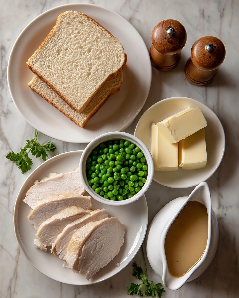 The image shows five white dishes placed on a white marbled surface. On the top left, there is a white plate with two slices of soft, light brown bread stacked on each other. To the right of the bread, two wooden pepper and salt shakers sit side by side. Below the shakers, there is a small white ramekin filled with bright green peas. On the bottom left, a white bowl contains several slices of cooked poultry, with a light golden brown outer layer and moist white inside. To the right of the bowl, a small white plate holds two square pats of pale yellow butter. Next to the butter, on the right, a white gravy boat is filled with thick light brown gravy. A small sprig of fresh green parsley lies on the marbled surface near the bottom center of the image. photo taken with an iphone --ar 4:5 --v 7