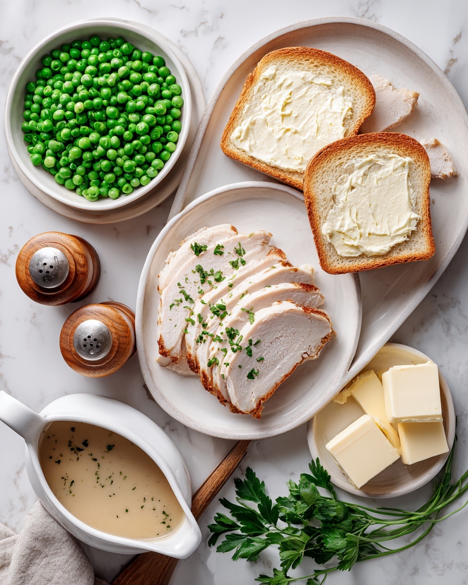 The image shows a white plate with two slices of toasted bread spread with a light layer of butter. Above it, a white plate holds several slices of cooked light brown chicken layered unevenly. To the left, a small white bowl is filled fully with bright green peas, and next to it are two wooden salt and pepper shakers. On the right side, a small white dish has two pieces of butter. Below the bread plate, a white gravy boat holds a light brown gravy with visible herbs. A fresh sprig of green parsley lies next to the gravy boat on a white marbled surface. A wooden utensil rests on the chicken plate. Photo taken with an iphone --ar 4:5 --v 7