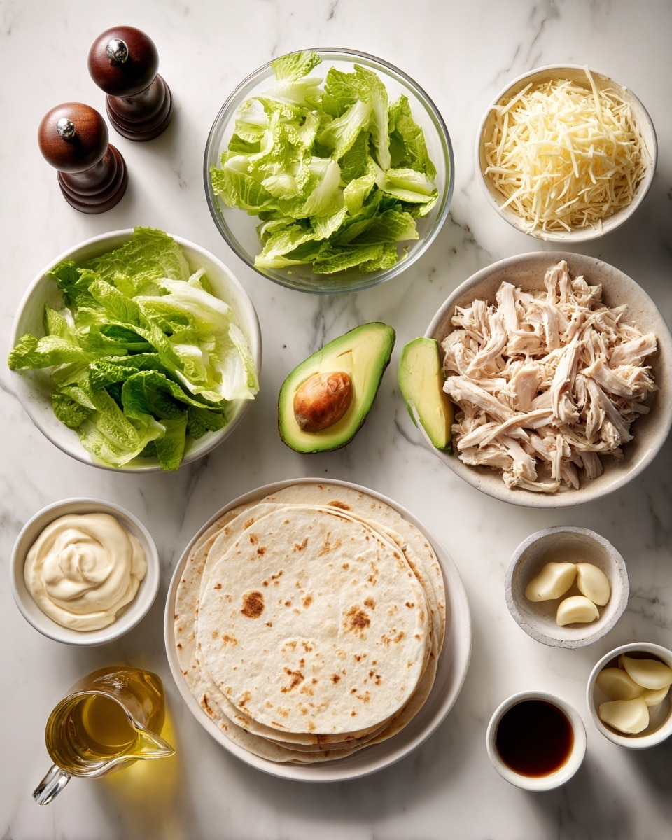 The image shows ingredients for a wrap dish arranged on a white marbled surface. At the bottom is a stack of light beige flour tortillas on a white plate. Above it, on the left, is a glass bowl filled with bright green lettuce leaves cut into strips. To the right of the lettuce is a white bowl filled with pale yellow shredded cheese. Above the cheese is a white bowl with light brown shredded chicken pieces. Next to the chicken on the right is a halved avocado, showing bright green flesh and a brown seed inside one half. Above the tortillas and to the left are a pair of dark wooden salt and pepper shakers beside a glass bottle of golden olive oil with a metallic pour spout. Near the top center is a small glass bowl with creamy light beige mayonnaise and beside it to the right a small white bowl with yellow mustard. Below the avocado are a few cloves of garlic in a small white bowl, a small white bowl with dark soy sauce, and another small white bowl with a light brown liquid. The scene is clean, bright, and evenly lit, with everything neatly placed and visible. Photo taken with an iphone --ar 4:5 --v 7