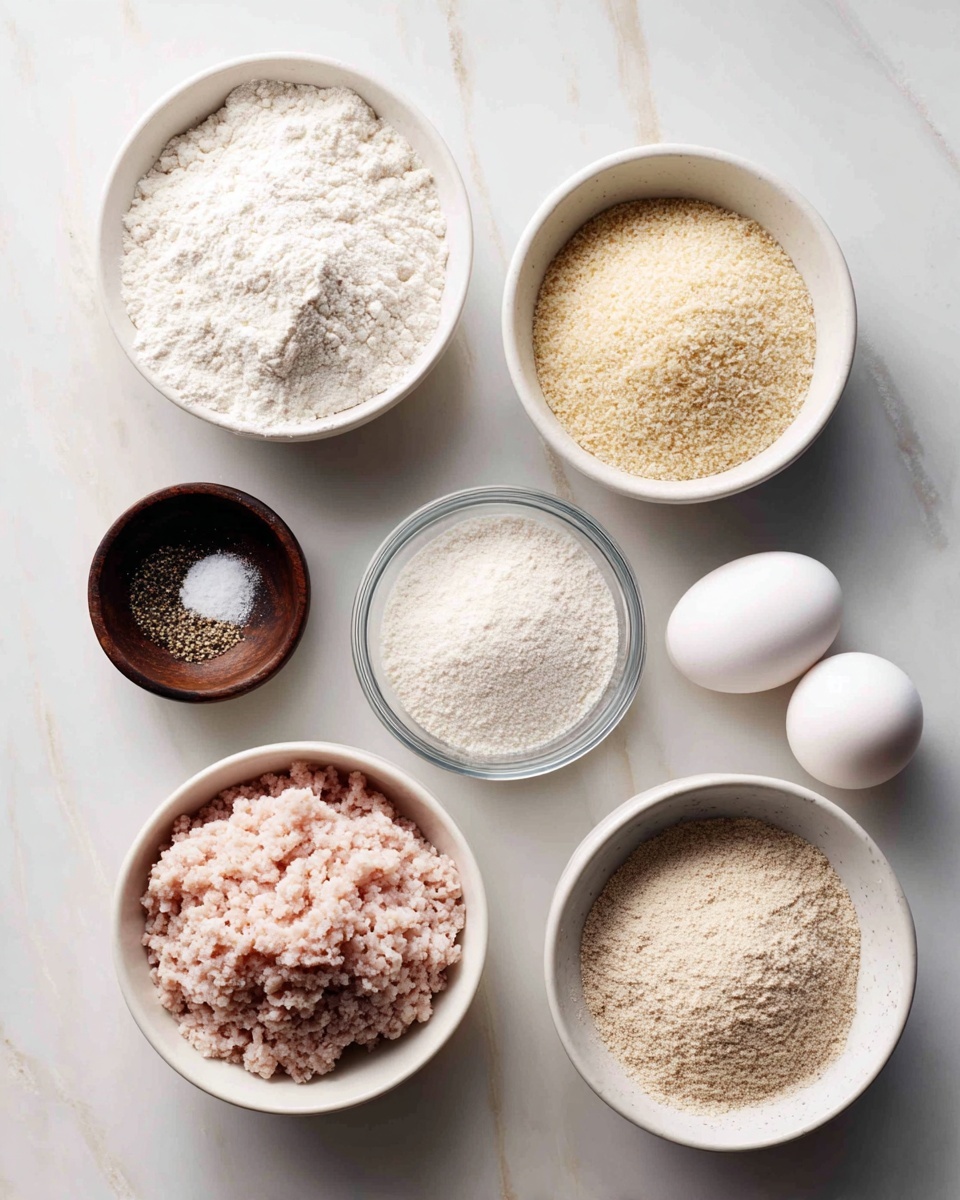 The image shows seven small bowls arranged on a white marbled surface. Starting from the bottom right, there is a white bowl filled with light pink ground meat, next to it on the left is a clear bowl filled with a pale yellow powdery ingredient. Above that is another white bowl filled with light tan breadcrumbs. Moving to the top left, there is a white bowl filled with fine white flour. In the middle top is a small dark wooden bowl with black pepper and white salt. Below that on the right is a white bowl with a light brown powder. In the center, a clear bowl holds two white eggs. The layout is clean and simple, showing the ingredient bowls spaced evenly. Photo taken with an iphone --ar 4:5 --v 7