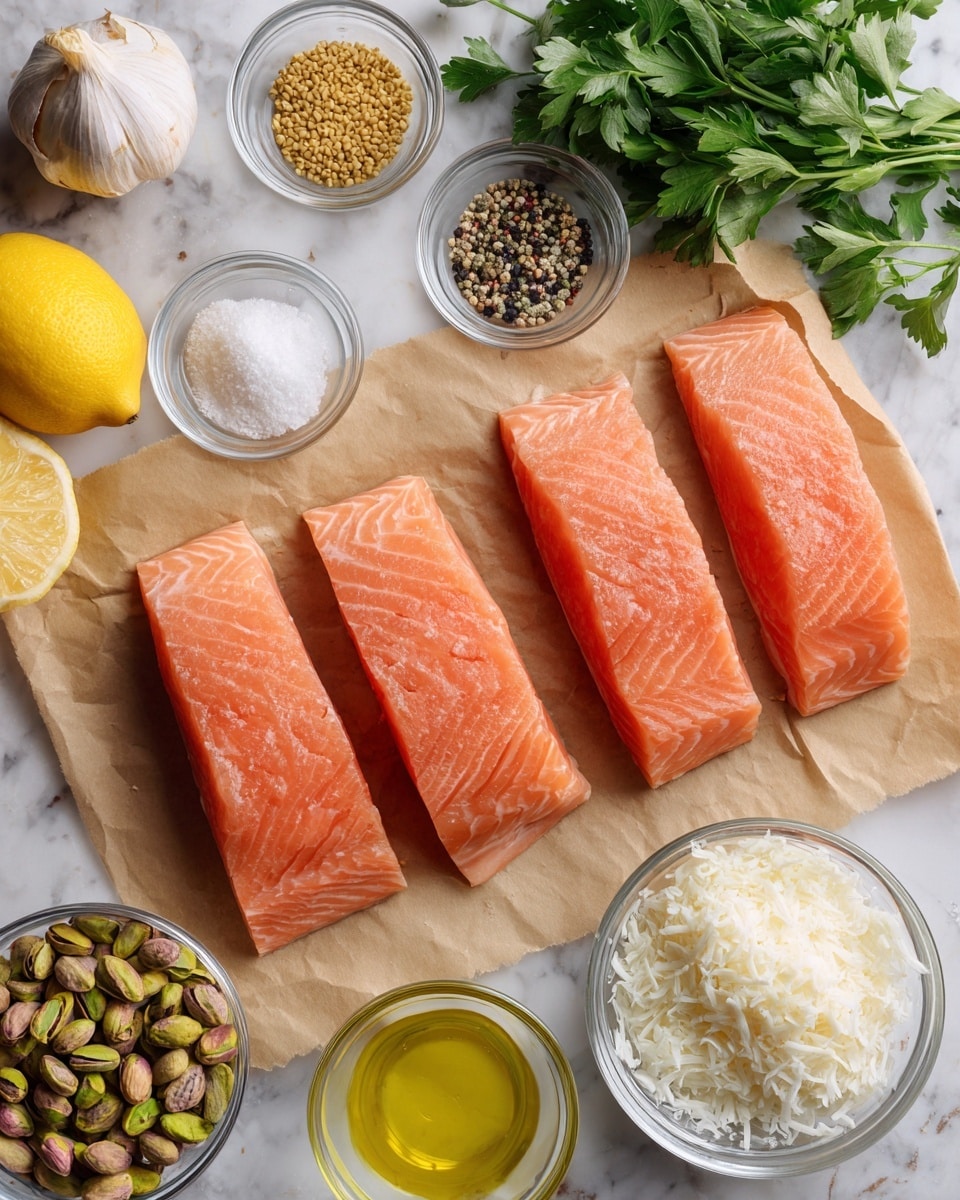 The image shows four pieces of raw salmon fillets placed side by side on a sheet of brown parchment paper in the center on a white marbled surface. Around the salmon, there are different small clear glass bowls and containers holding ingredients: on the left side from top to bottom are a small garlic bulb, whole grain mustard with visible mustard seeds, black pepper, and a yellow lemon. On the right side from top to bottom are a bunch of fresh green parsley, a small bowl with light yellow oil, a small bowl with white salt, a white bowl filled with shredded white coconut or cheese, and two small clear bowls containing a light yellow liquid, a white creamy substance, and brown breadcrumbs. At the bottom left corner is a glass bowl filled with green pistachios. Everything is arranged neatly and brightly lit, giving a fresh, clean look. Photo taken with an iphone --ar 4:5 --v 7
